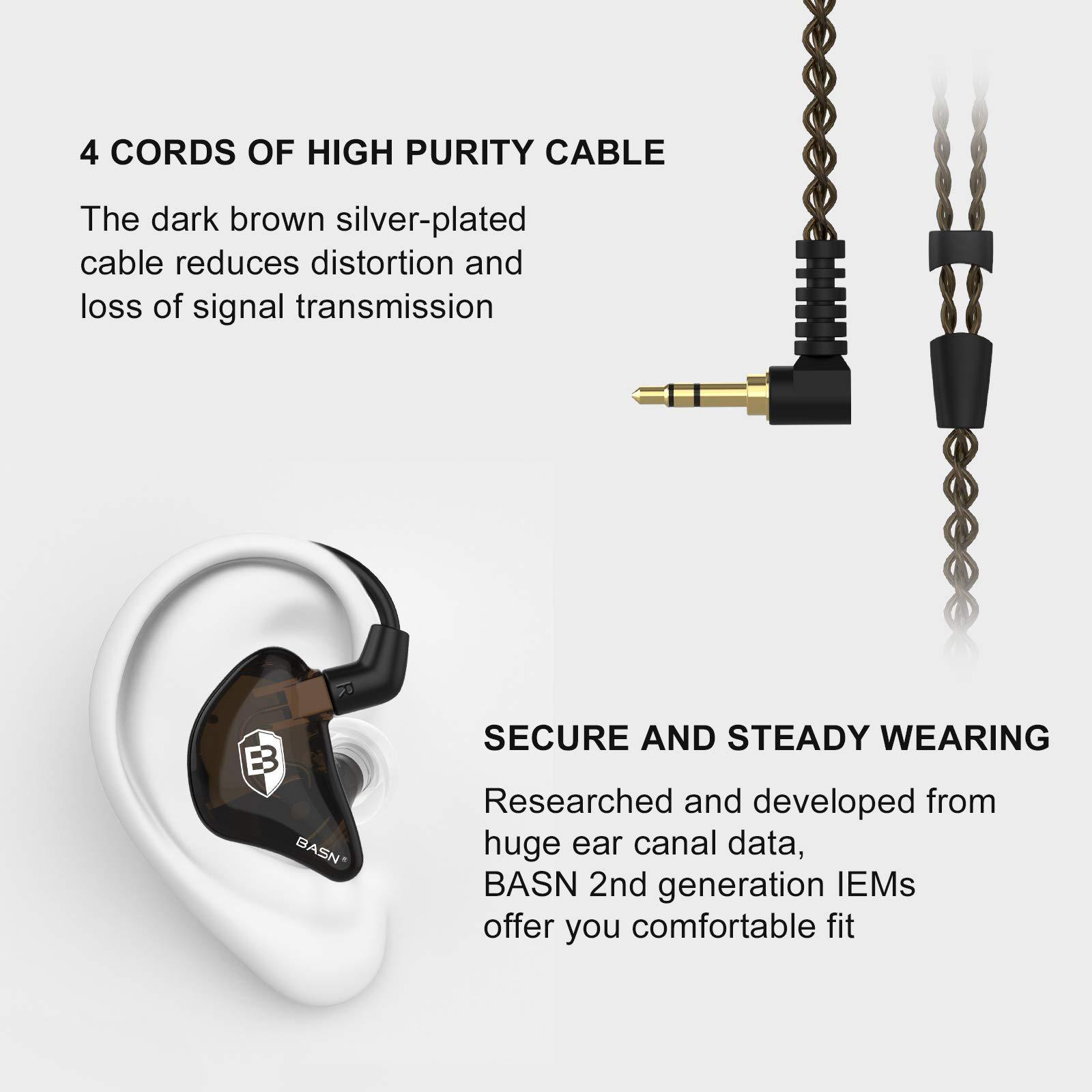 BASN BASN in Ear Monitor Headphones for Musicians, Bsinger 2nd Generation Sound Isolating Earphones with Dual Dynamic Drivers Detachable MMCX Cable (Brown)
