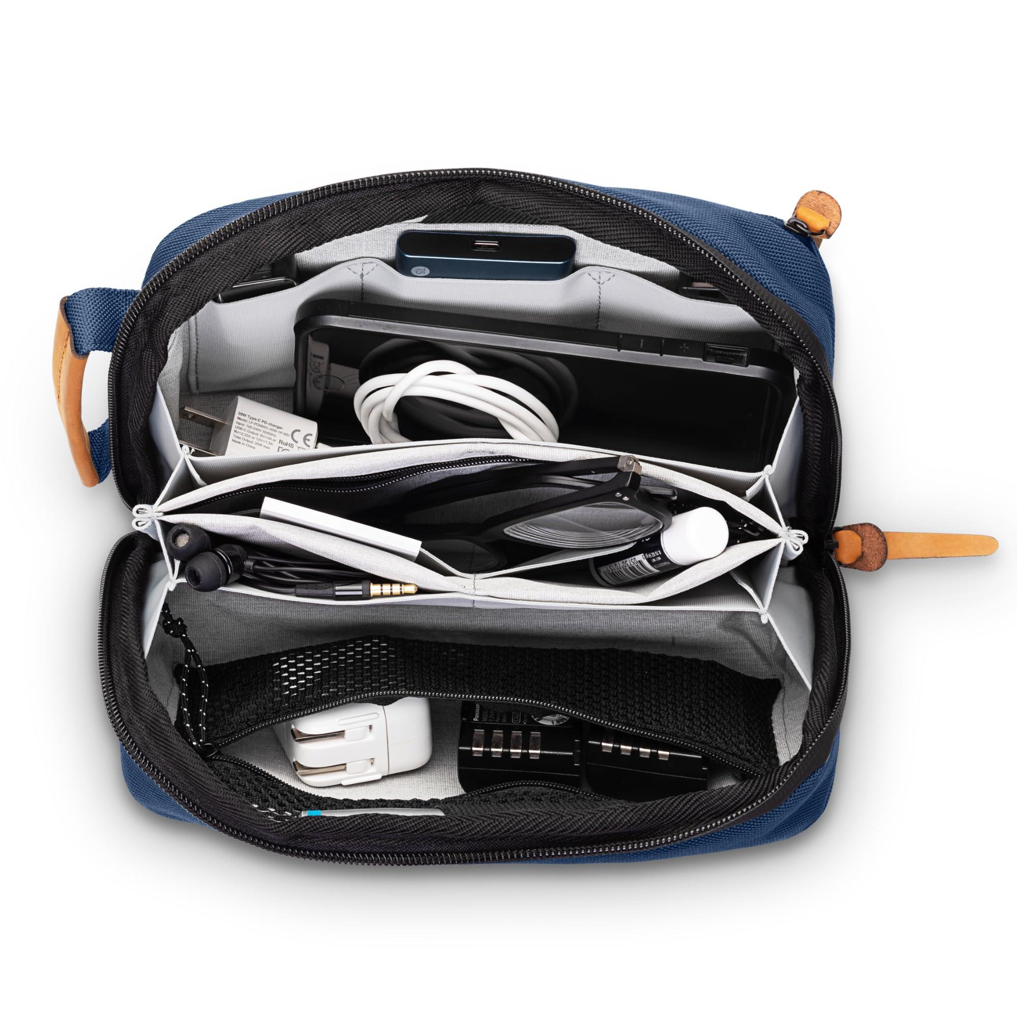 TRIPPED Travel Gear TRIPPED Travel Gear Tech Bag Organizer - Small Electronics Organizer Pouch for Travel - Premium Travel Case with Leather Accents - Mesh Pocket for Cables, Cords and Chargers (Navy)