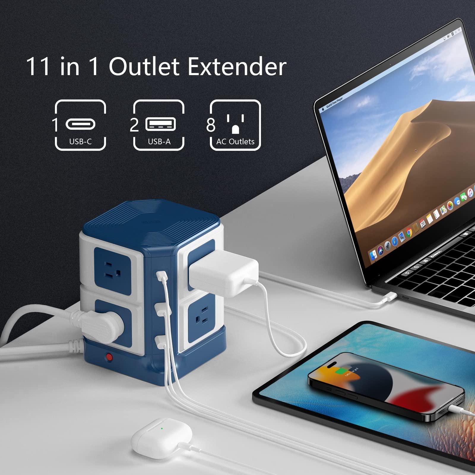 BESTEK Power Strip Tower with PD20W USB C, BESTEK 8-Outlet and USB Charging Ports 2100 Joules Surge Protector, 5 Feet Extension Cord Flat Plug, ETL Listed