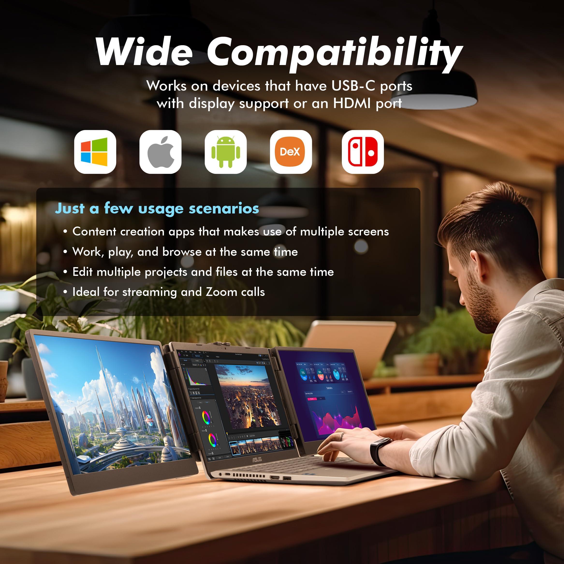 Asani Asani 14" Portable Monitor - Full HD Tri-Screen Extender for Laptops, USB Type-C plus HDMI, Plug and Play, Compatible with 13"-17" Laptops, 1080P IPS Panel Display, 300nits Brightness, MacOS & Windows