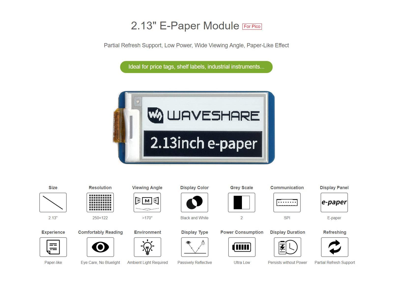 waveshare waveshare 2.13inch E-Ink Display HAT 250122 Pixels Black White Two Color E-Paper Module epaper Screen for Raspberry Pi Pico Microcontroller Board,Support Partial Refresh