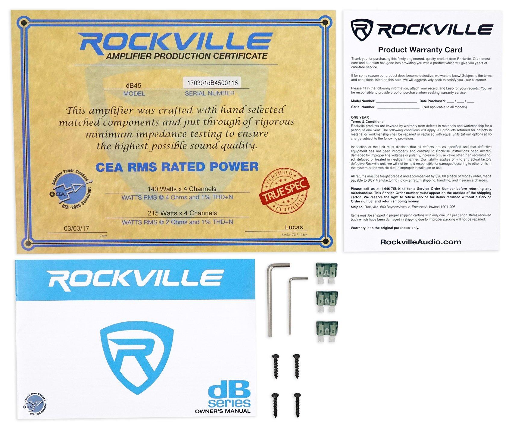 Rockville (1) Rockville dB45 3200 Watt/800w RMS 4 Channel Amplifier Car Stereo Amp, Loud!! Bundle with (1) Rockville RWK42 4 Gauge 4 Chan Car Amp Wiring Installation Wire Kit RCA's (2 Items)