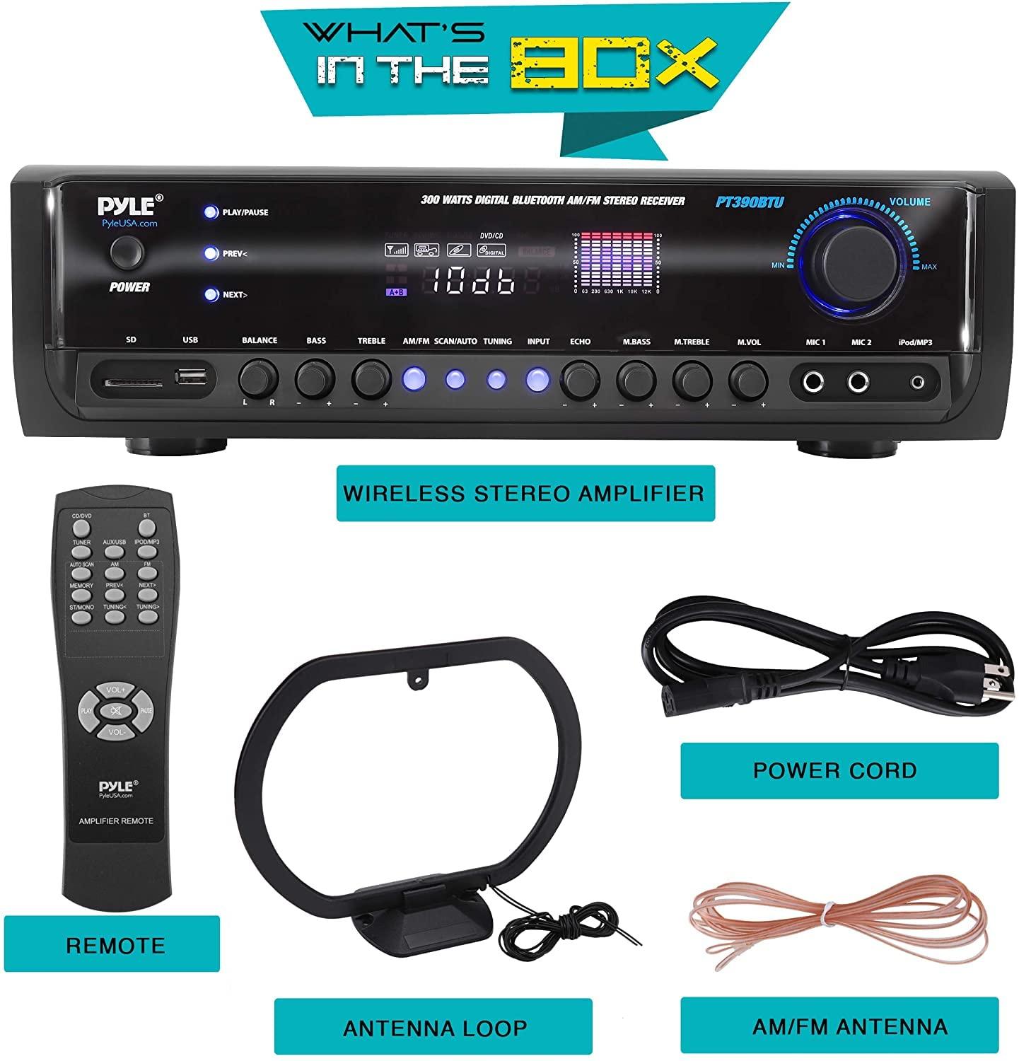 Pyle Pyle Wireless Bluetooth Power Amplifier System- 300W 4 Channel Home Theater Audio Stereo Sound Receiver Box Entertainment w/ USB, RCA, 3.5mm AUX, LED, Remote for Speaker, PA, Studio, Black - PT390BTU