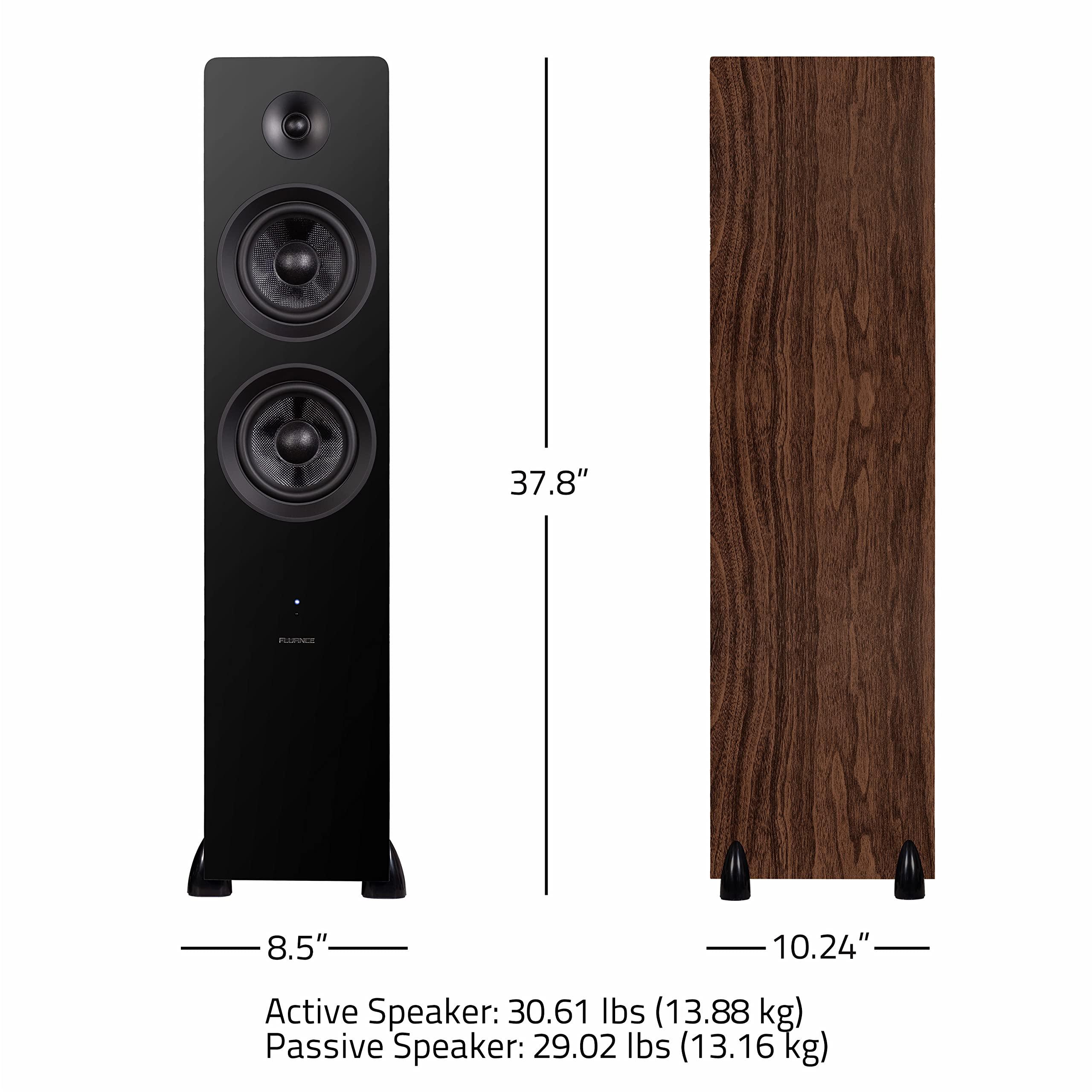 Fluance Fluance Ai81 Elite Powered 2-Way Floorstanding Tower Speakers, 150W Built-in Amplifier for 2.0 Stereo Music & Movie Listening, TV, Turntable, PC & Bluetooth - 2x RCA, Optical, Sub Out (Natural Walnut)