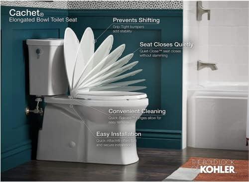 Kohler KOHLER K-4636-0 Cachet Elongated, Grip-Tight Bumpers, Quiet-Close Release Hinges, Quick-Attach Hardware, No Slam Toilet Seat, White