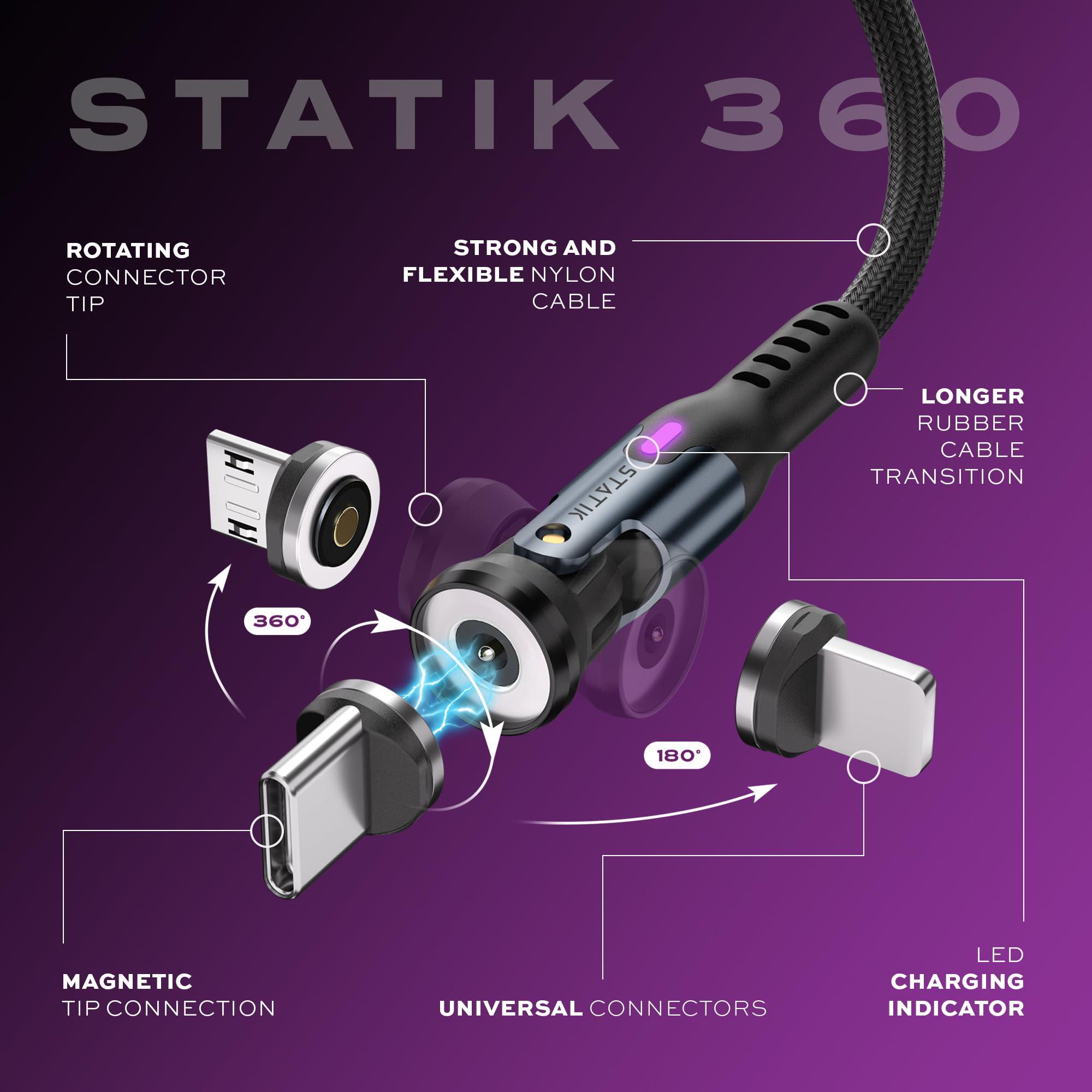 Statik Statik 360 Rotating Magnetic Charging Cable - 3FT/1M USB C Charger, 3 Interchangeable Tips for iProduct, Micro-USB & USB-A Devices, Black