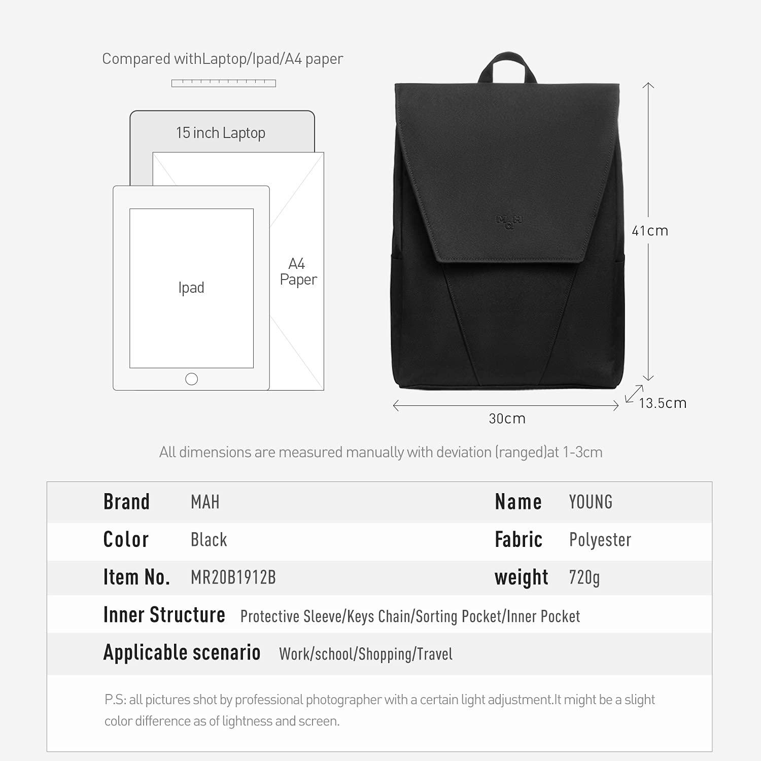 MAH MAH Young Travel Backpack, 15.6 Sleeve Laptop Backpack, Work or School Backpack, Black