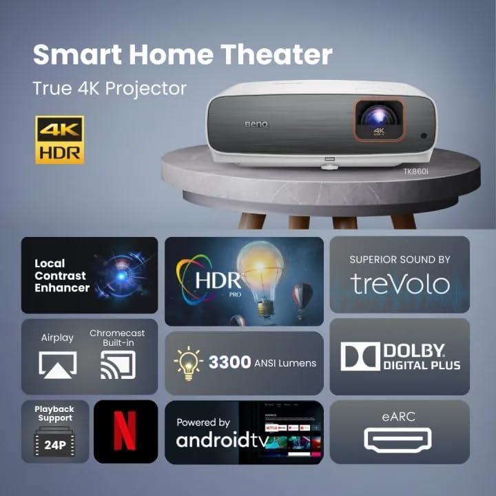 BenQ BenQ TK860i | Smart Home Theater Projector | 4K HDR Streaming with LED Vibrant Color | Android TV with Netflix, Chromecast, Dolby Digital Plus | 2D Keystone | Built in 10W Speakers | Wifi connectivity