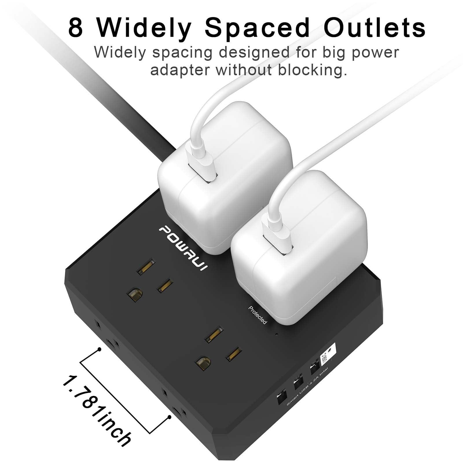 POWRUI Surge Protector Power Strip - 10 Ft Flat Plug Extension Cord with 8 Widely Outlets and 4 USB Ports(1 USB C), 3 Side Outlet Extender for Home Office, Black, ETL Listed