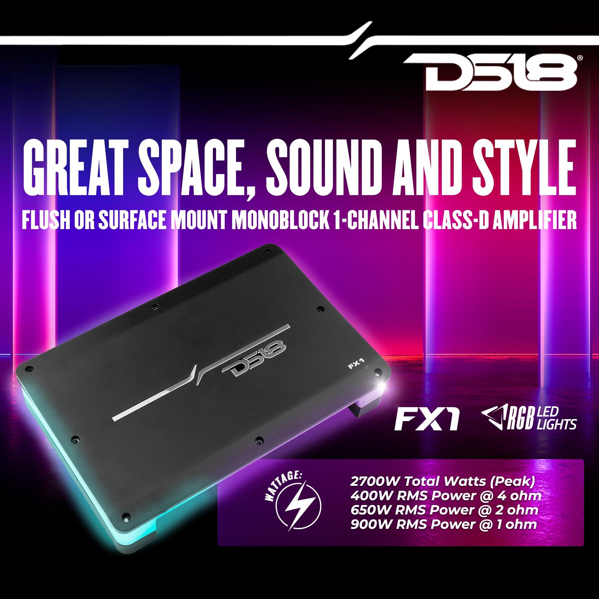 DS18 DS18 FX1 Monoblock Class D Amplifier with Flush/Surface Mount with RGB Dream LED Lights - Versatile Installation Options - Remote Subwoofer Level Control - 1 Channel Subwoofer Monoblock Amp 2700W Peak