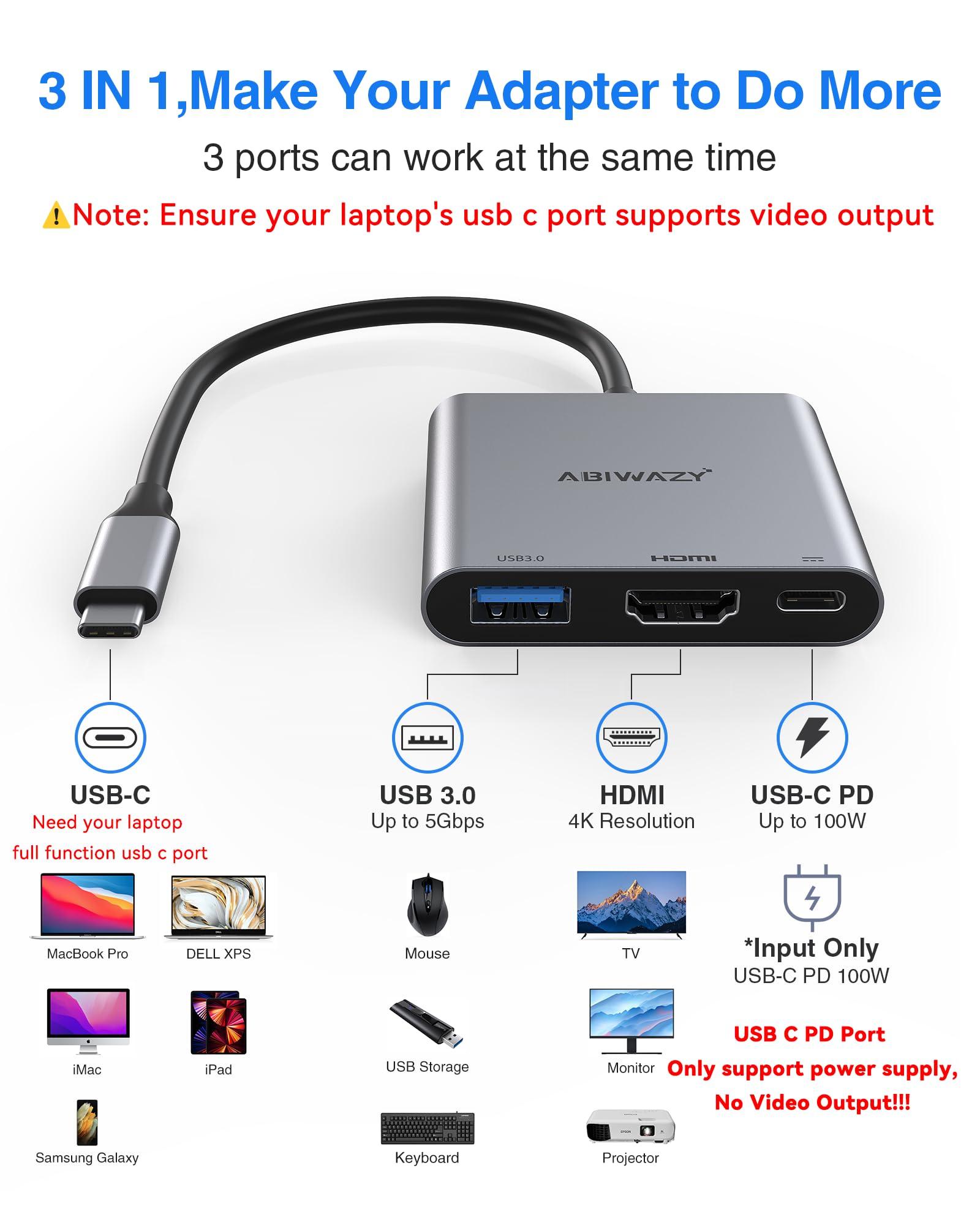 ABIWAZY USB C to HDMI Multiport Adapter with 4K HDMI Output,Type-C Hub Converter to 4K HDMI USB 3.0 PD Charging Port,USB-C Digital AV Multiport Adapter for MacBook Pro/air,iPad Pro &More USB-C Devices(Grey)