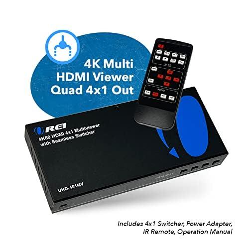 OREI OREI 4K Multi HDMI Viewer Quad 4 in 1 Out, Switcher 4 Ports Seamless IR Remote Support 4K @ 60Hz 1080P for PS4/PC/DVD/Security Camera, HDMI Switch Optical Audio L/R Output - UHD-401MV