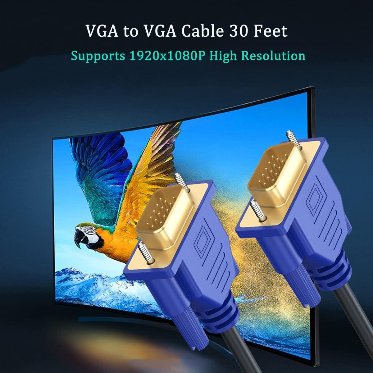 UVOOI UVOOI VGA to VGA Cable 30FT, VGA Cord HD15 Computer Monitor Cable 30Feet 1080P for PC Laptop TV Projector