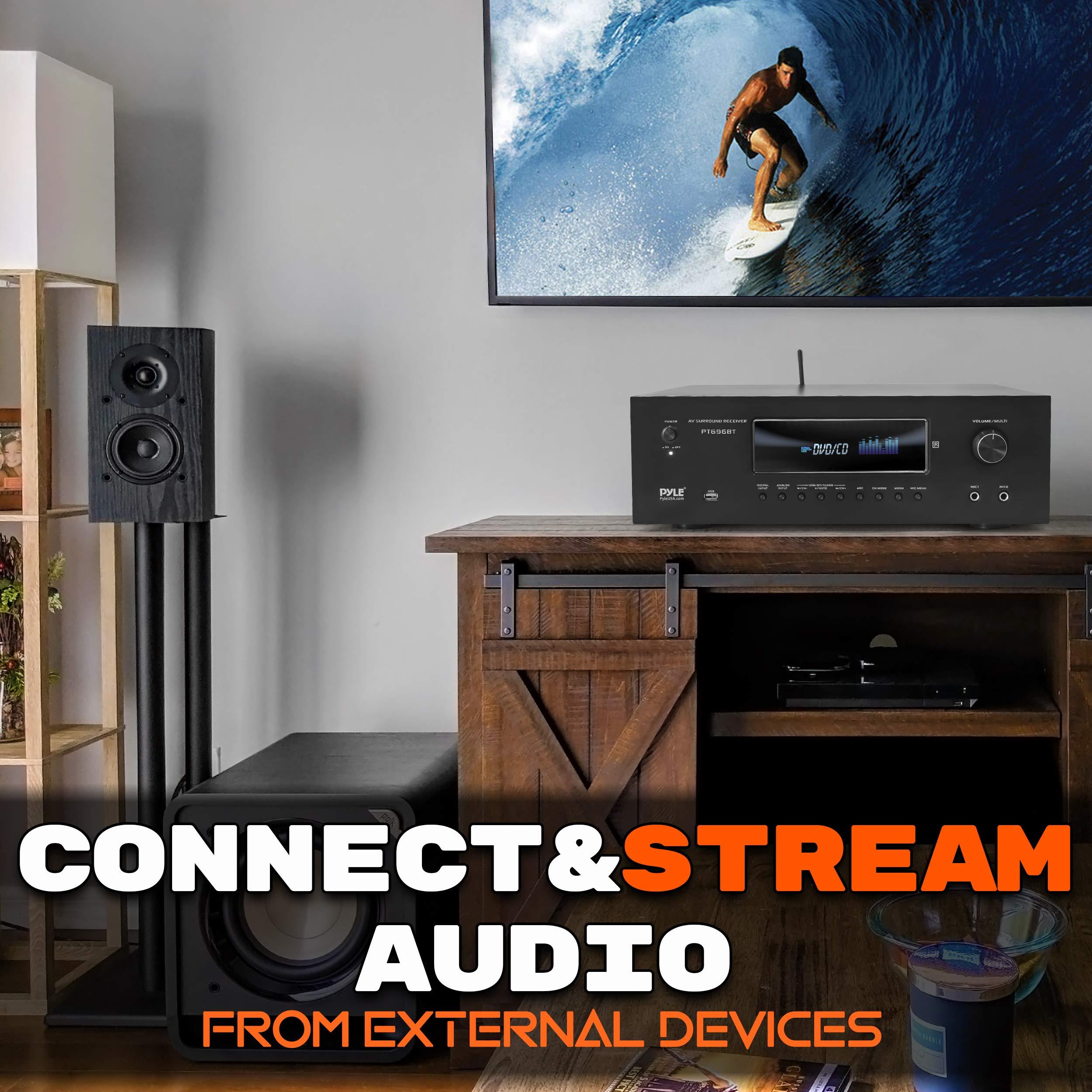 Pyle Pyle 1000W Bluetooth Home Theater Receiver - 5.2 Channel Surround Sound Stereo Amplifier System with 4K Ultra HD, 3D Video & Blu-Ray Video Pass-Through Support, HDMI/MP3/USB/AM/FM Radio, Black