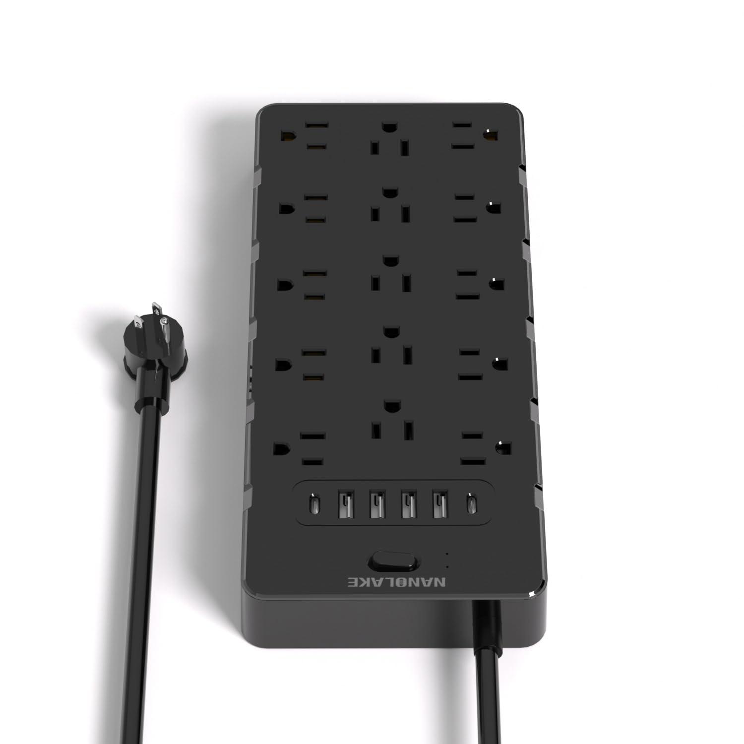 NANOLAKE Large Surge Protector Power Strip with USB Ports (4A+2C),Heavy Duty Extension Cord 14 Gauge 6.5 Ft,4000 Joules Surge Protection,25 Spaced AC Outlets,for Commercial,Home,Office,Dorm,Black,ETL Listed