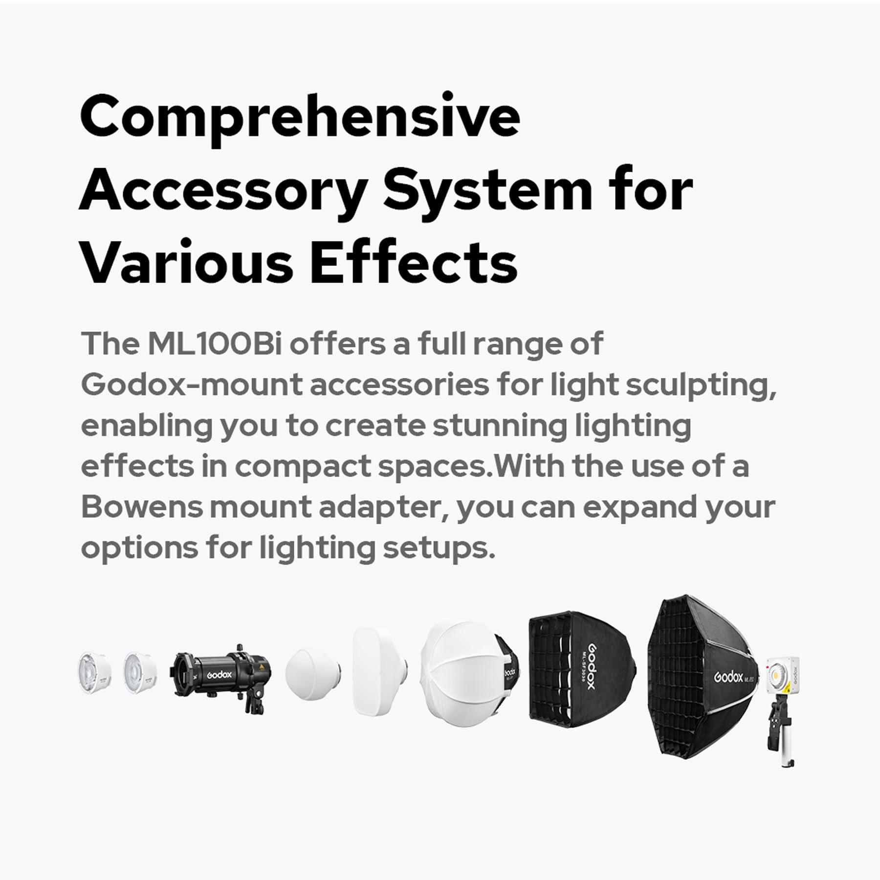 GODOX Godox ML100Bi 120W Portable LED Video Light, Bi-Color 2800-6500K, CRI97 TLCI98, 11 FX Light Effects, Bluetooth App Control for Live Streaming, Interview, Still Life Photography, etc