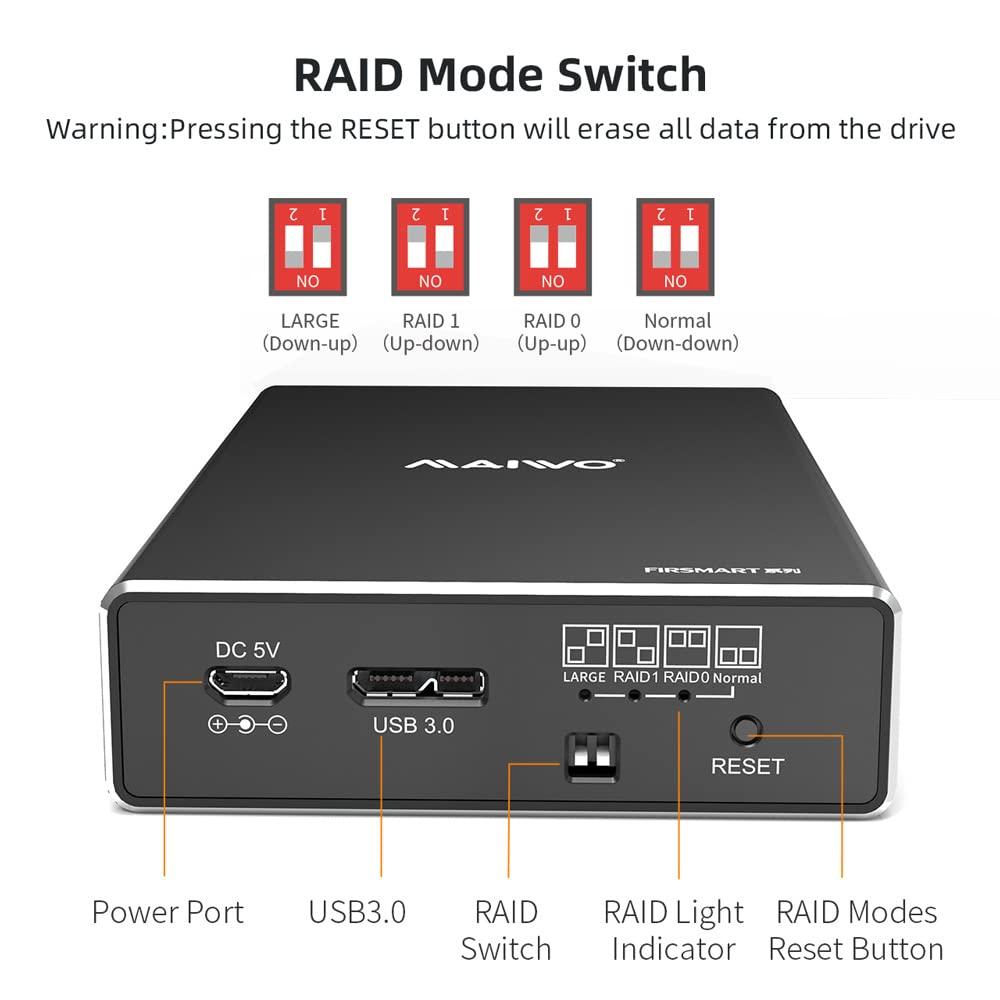 MAIWO MAIWO Dual Bay Hard Drive RAID Enclosure for 2.5 Inch SATA SSD HDD, RAID 0/RAID 1/JBOD/PM, USB 3.0 6Gbps with UASP, 16TB Capacity, External HDD Bay Aluminum