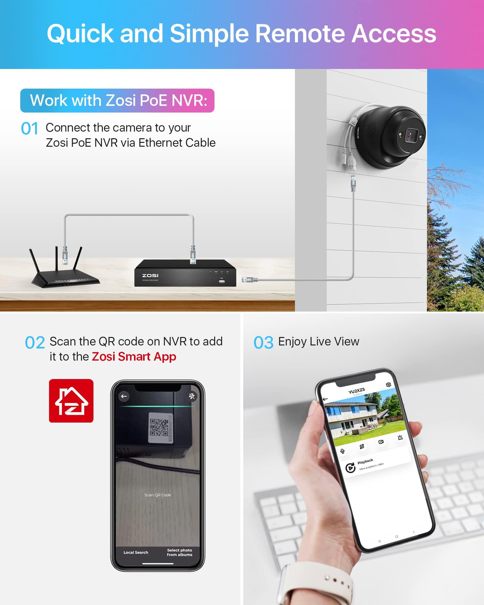 ZOSI ZOSI 4PK 4K PoE Add On Cameras with Ethernet Cables,8MP Dome Security IP Camera Outdoor Indoor,Person Vehicle Detection,Night Vision,Sound & Light Alarm,2-Way Audio,Only Work ZOSI 4K PoE NVR