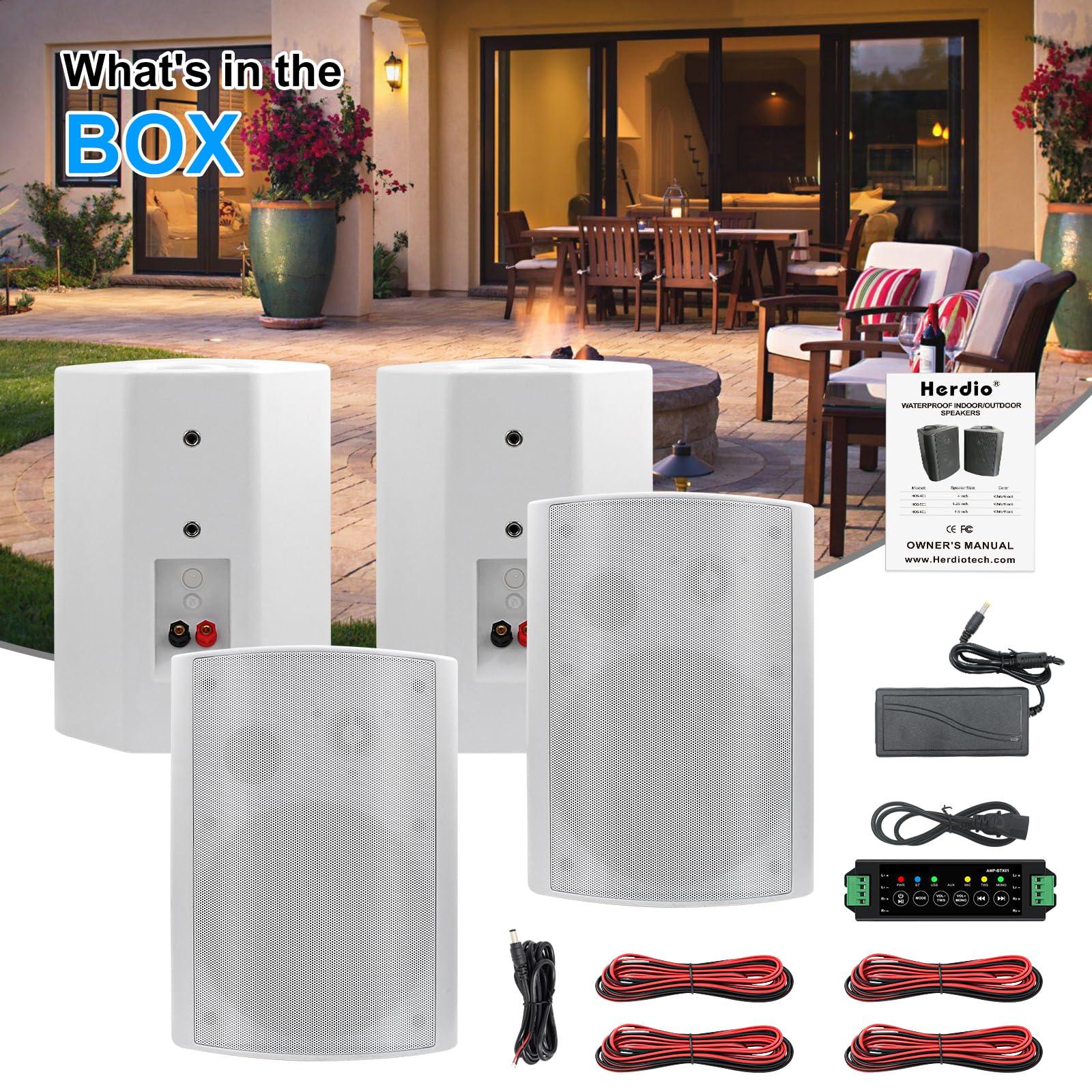 Herdio Herdio 800W 6.5 Inch Outdoor Speakers Bluetooth Waterproof Wired with Superior Amplifier, Wall Mounted Sound System, Enhanced Bass & Durable, Mountable Swivel Brackets, for Patio Home (2 Pairs, White)