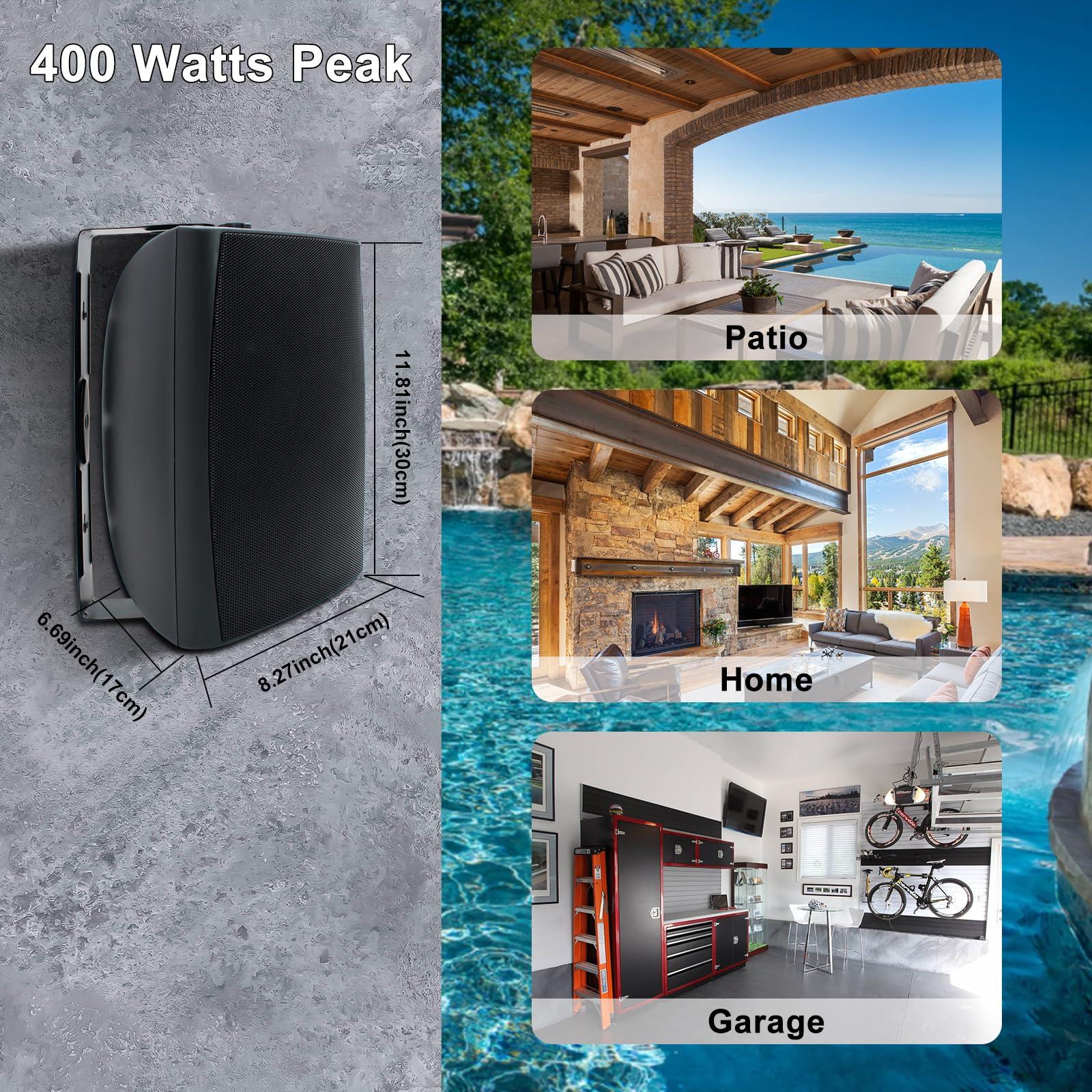 Herdio Herdio 6.5 Inches Indoor Outdoor Bluetooth Speakers Waterproof Wired 400 Watts with Powerful Bass,2 Way Wall Mount Speakers All-Weather Durability for Patio Home Deck Porch Backyard(Pair,Black)