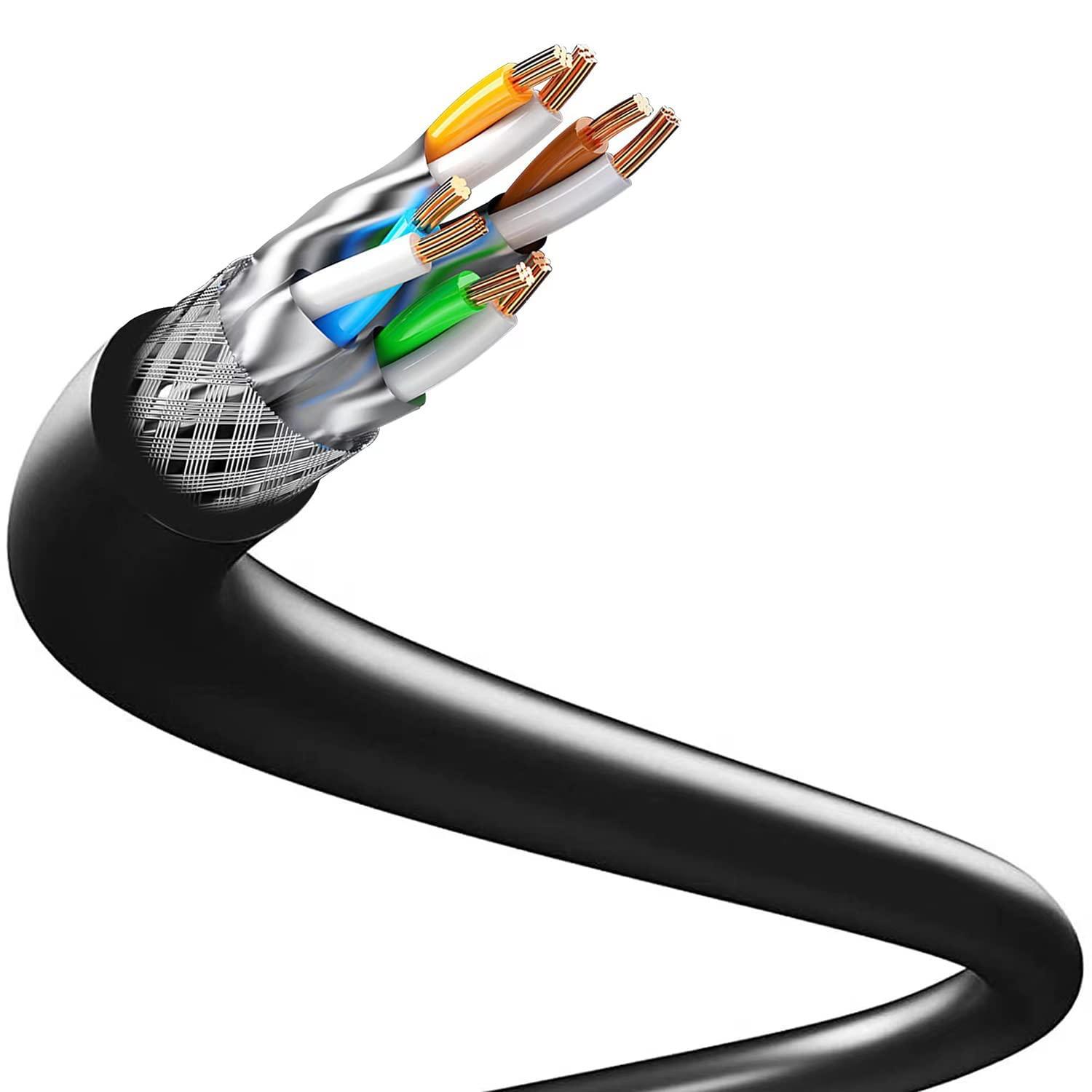 Lteirwe Cat8 Bulk Ethernet Cable 650ft, Outdoor/Indoor CAT 8 Double Shielded Ethernet Bulk Cable Reel 2000Mhz 40G Heavy-Duty Waterproof 26AWG S/FTP Cat 8 Ethernet Spool Black(Connector Included