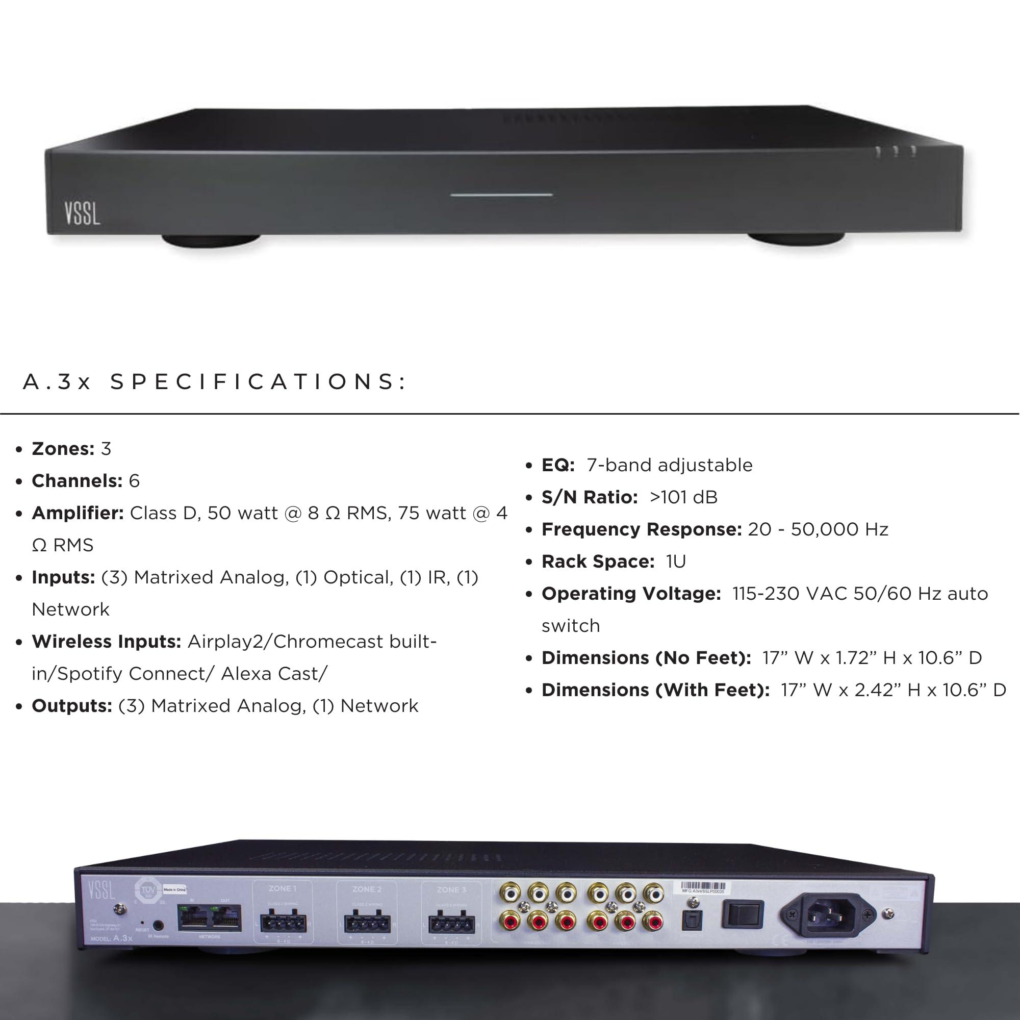 VSSL VSSL A.3X 6-Channel, 3 Zone, Audio Streaming Amplifier, Compatible with AirPlay 2, Chromecast, Amazon Alexa, Spotify Connect, Bluetooth| 6 Channel Whole Home Audio Amp | Multiroom Audio Controller