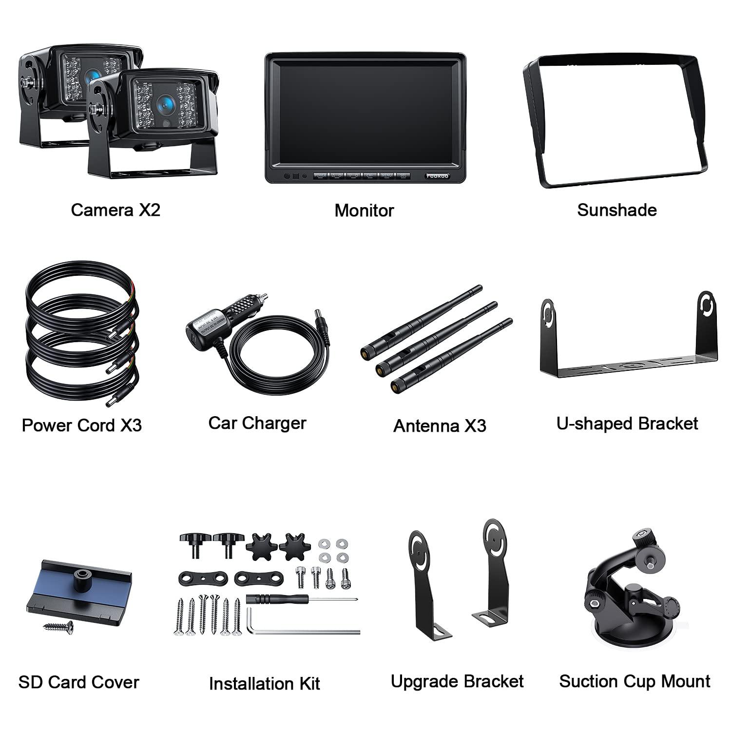 Fookoo Fookoo 1080P 7" Wireless Backup Camera System, 7" HD Dual/Quad Split Monitor with Recording, IP69 Waterproof Rear View Front View Cameras with Parking Lines, Suits for RV/Truck/Trailer/Van/Bus(DW702)