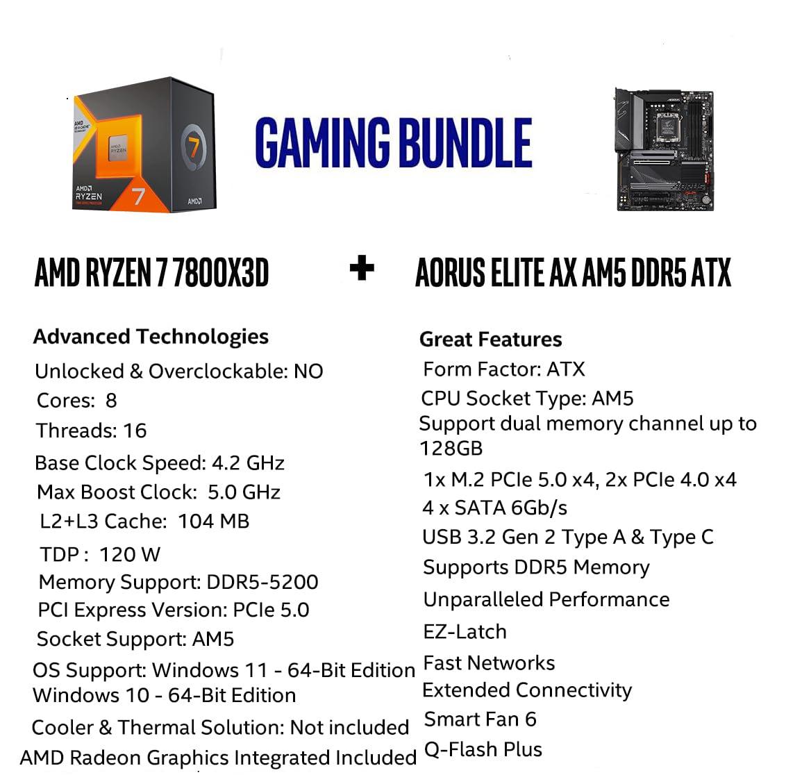 INLAND Micro Center AMD Ryzen 7 7800X3D 8-Core16-Thread Desktop Processor Bundle with GIGABYTE B650 AORUS Elite AX AM5 DDR5 ATX Gaming Motherboard
