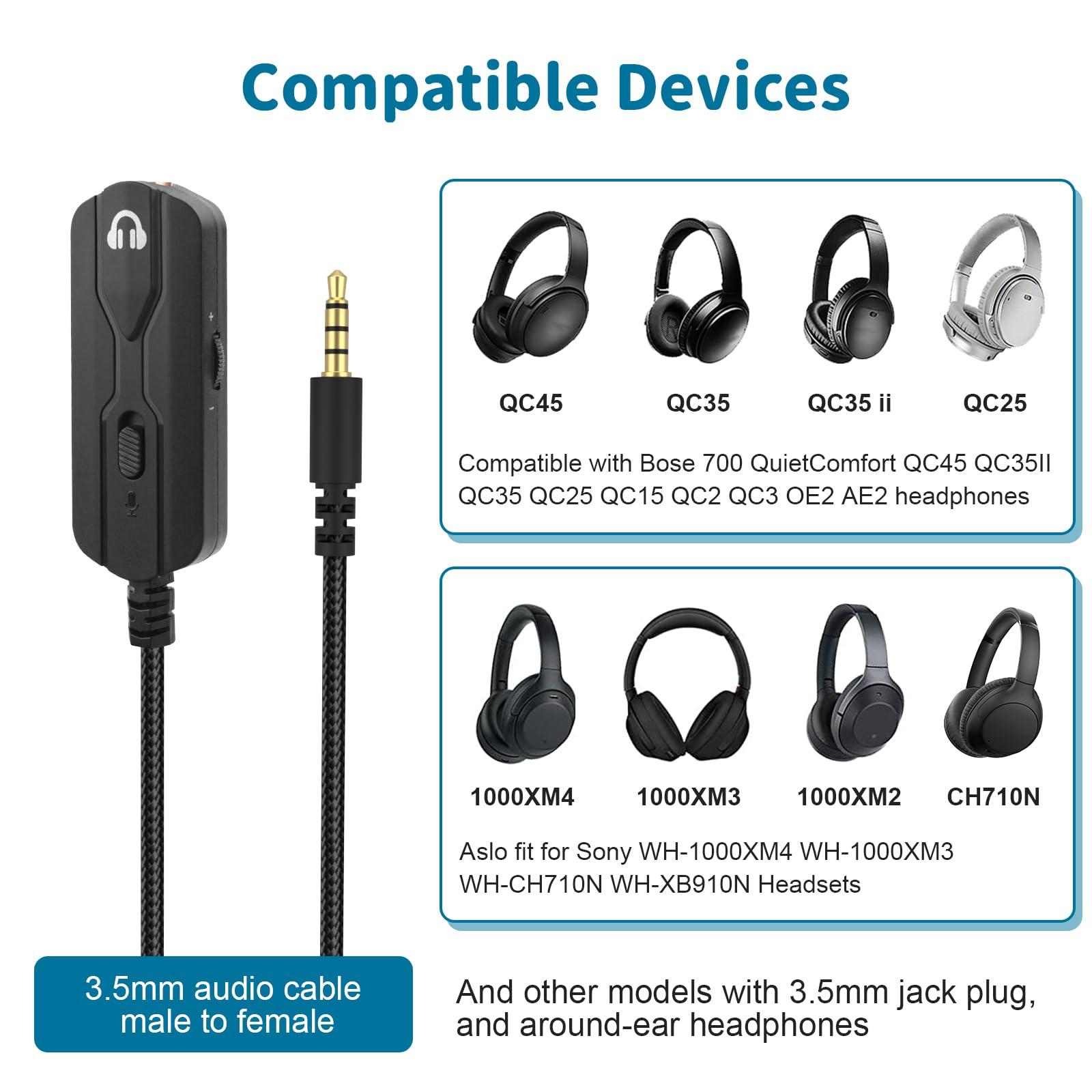 Zosvoses Zosvoses Headphone Extension Cable with Mute & Volume Controls Compatible with Bose 700, QC45, QC35 II, QC35, QC25, QC15 Headphones, 3.5mm Male to Female Stereo Audio Cable, 5ft
