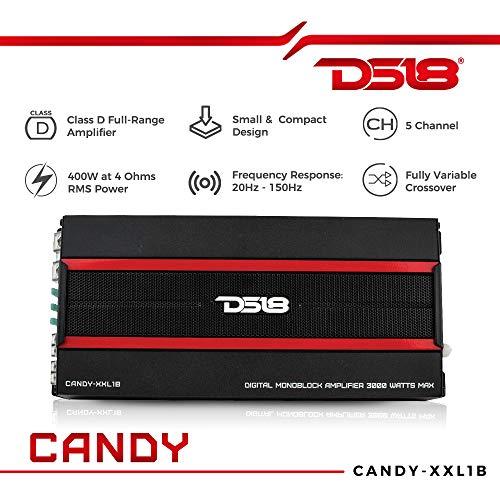 DS18 DS18 CANDY-XXL1B Amplifier in Black - Class D, Monoblock, 3000 Watts Max, Digital, 1/2/4 Ohm, with Remote Subwoofer Level Controller - Compact Mini Amplifier for Speakers in Car Audio System