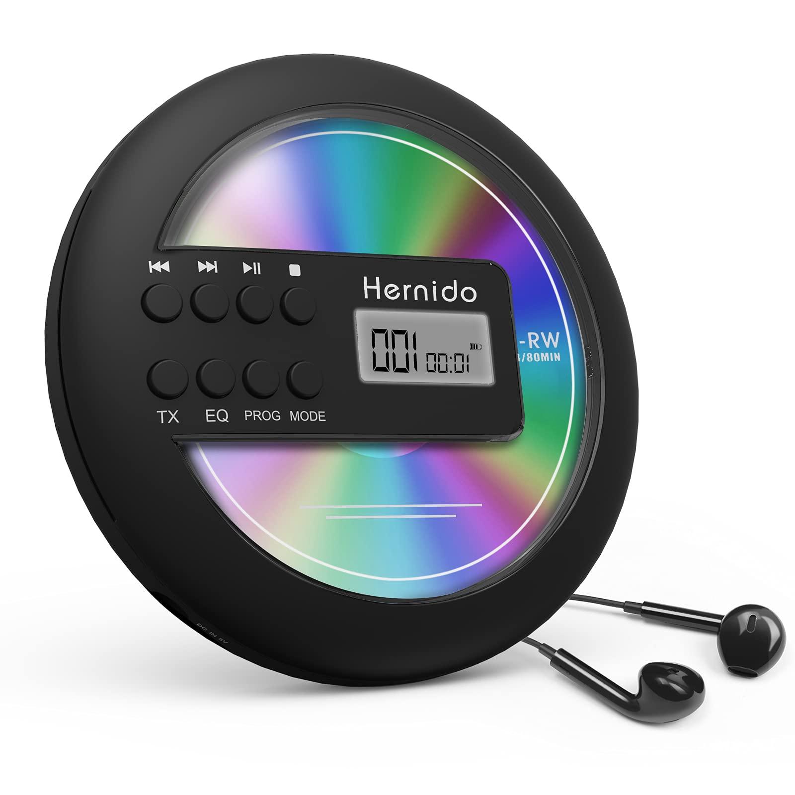 Hernido Rechargeable Portable CD Player for Car, Hernido Discman CD Player with FM Transmitter, 20 Hours Playtime Personal Compact Disc CD Player, USB CD Walkman with Headphones, Anti-Skip & Resume Playback