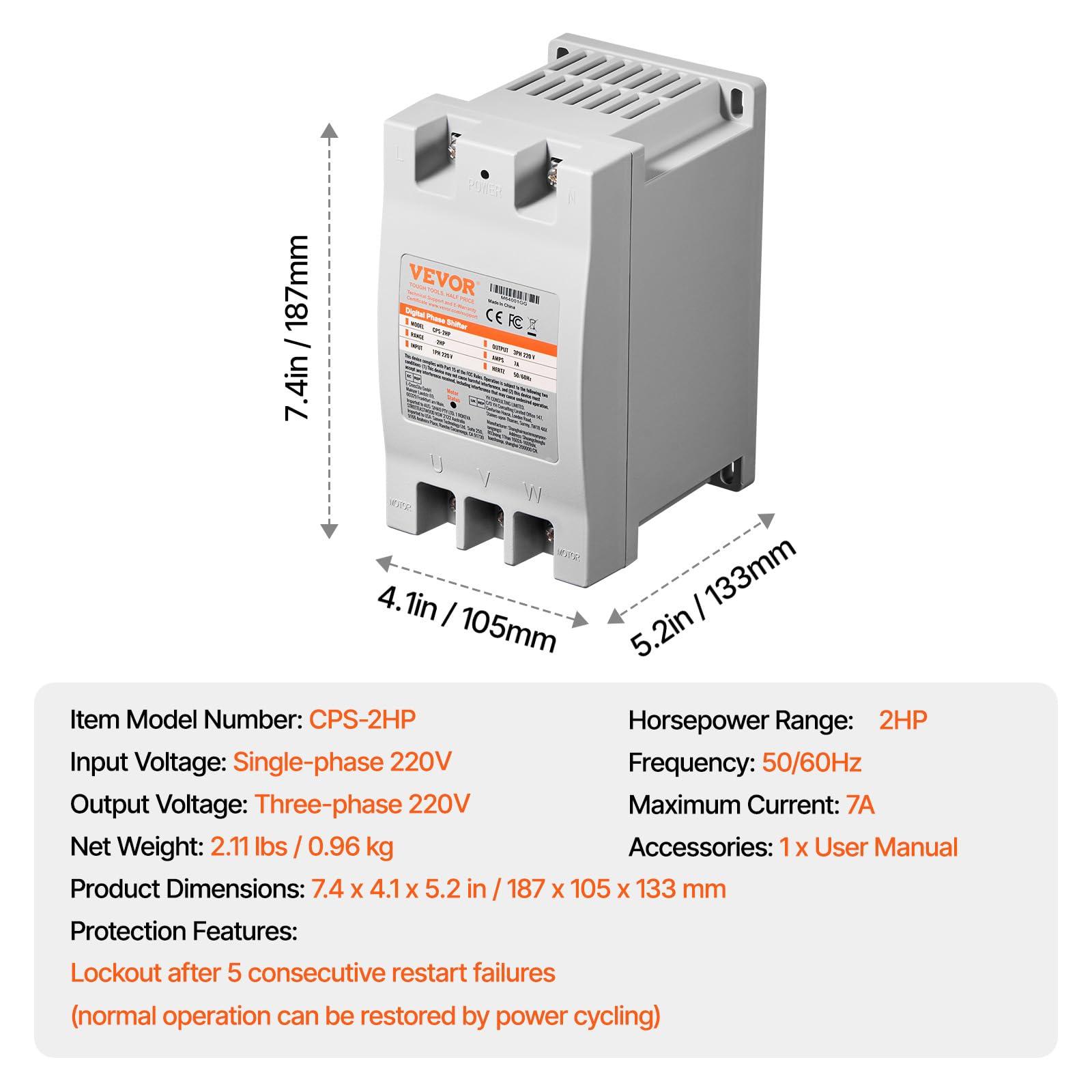 VEVOR VEVOR 3 Phase Converter - 2HP 7A 220V Single Phase to 3 Phase Converter, 220V Input/Output, Digital Phase Shifter for Residential & Light Commercial Use (One Converter for One Motor Only)