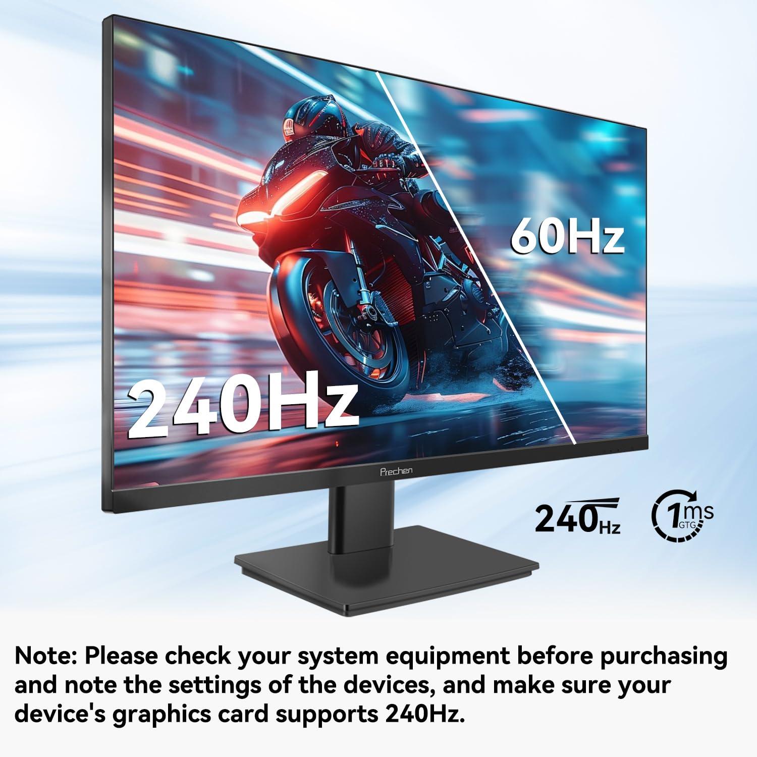 Prechen 27 Inch 2K 240Hz QHD 2560x1440P Gaming Monitor, 1ms, 400cd/m, 100% sRGB PC Screen, AMD FreeSync Premium Pro Compatible, 2X DispalyPort 1.4 & HDMI 2.0, Dual Built-in Speakers, VESA Supports, Black