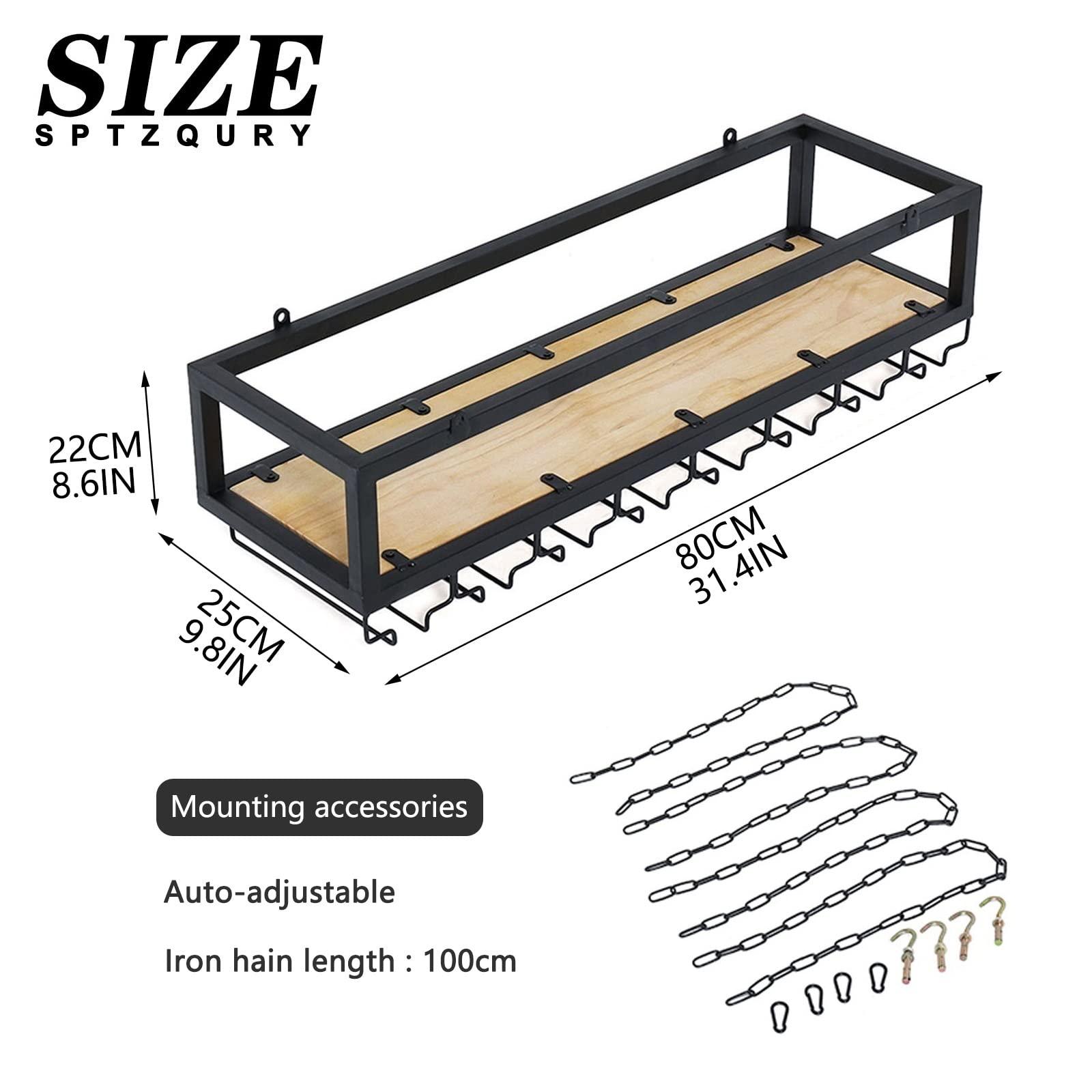 SPTZQURY Ceiling Wine Glass Rack - Hanging Wine Rack with Glass Holder and Shelf, Height Adjustable Industrial Hanging Wine Bottle Holder, Black Metal Ceiling Shelf for Bar Cafe Kitchen (31.49.88.6in)