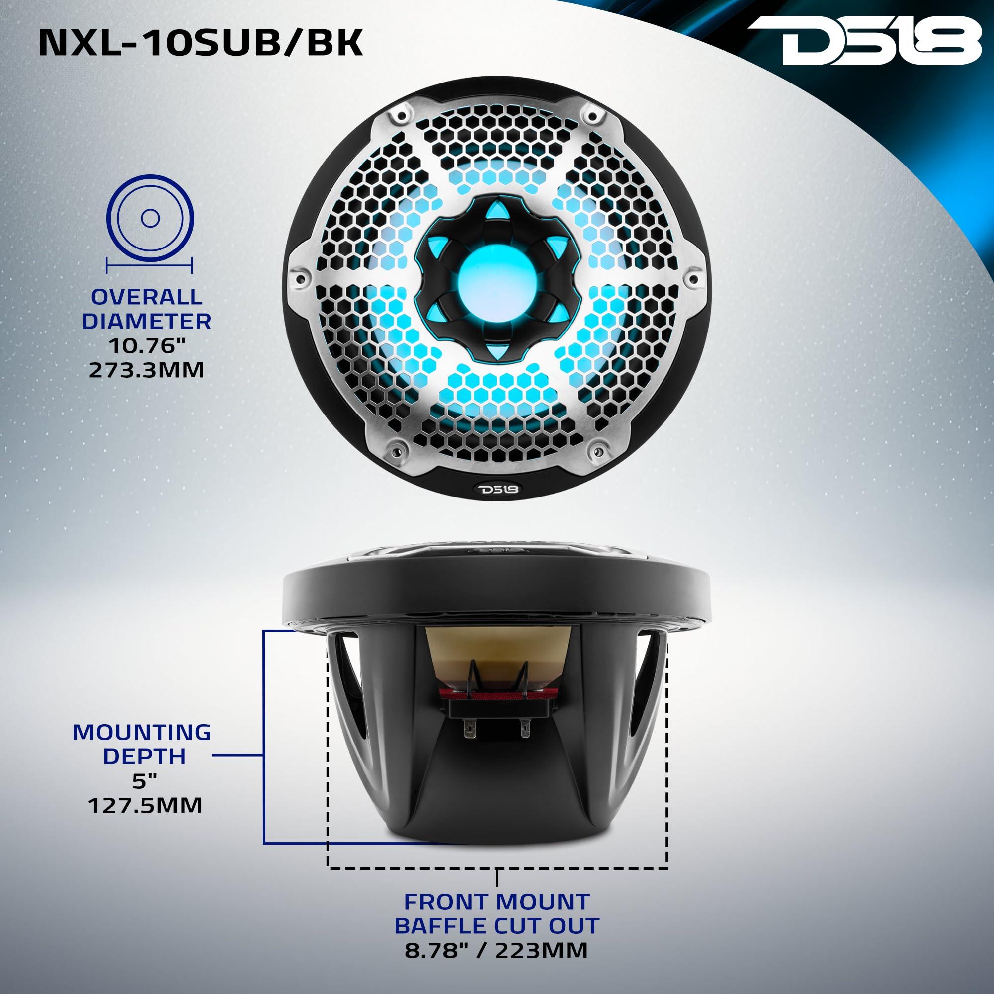 DS18 DS18 NXL-10SUB/BK Hydro 10\" Marine Subwoofer with Integrated RGB LED Lights 600W Max, 100% UV Stable, IP65 Waterproof, 4 Ohms - for All Elements, Boat, UTV, ATV & Jeeps (1 Speaker)
