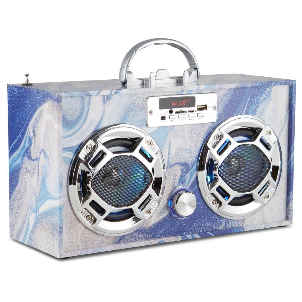 Wireless Express Wireless Express - Portable Party Speaker: Retro Boombox with Bluetooth, LED Light Show, Enhanced FM Radio, Rechargeable Battery (Blue Swirl - Bundle w/Mic)