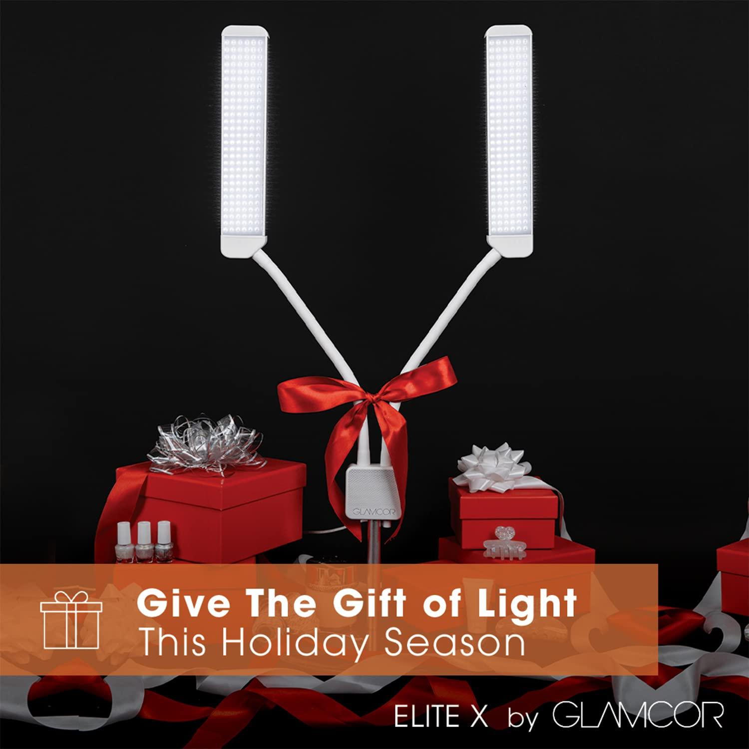 Glamcor GLAMCOR Elite X Portable LED Lighting Kit for Eyelash Extension, Esthetician, Makeup, Filming & Photography | 5600K Five-stage Dimming Daylight, with Travel Bag & Tripod (White/Gold)