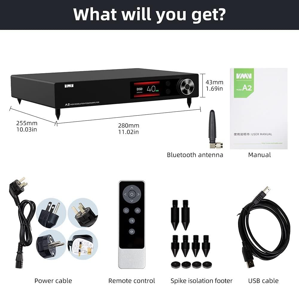 S.M.S.L S.M.S.L A2 High Resolution Power Amplifier, Class D Power Amp RMS 200W x 2(4), DSD512 Bluetooth UAT LDAC Aptx-HD AAC, XMOS 32bit 768kHz THD+D 0.0008% with Remote Control