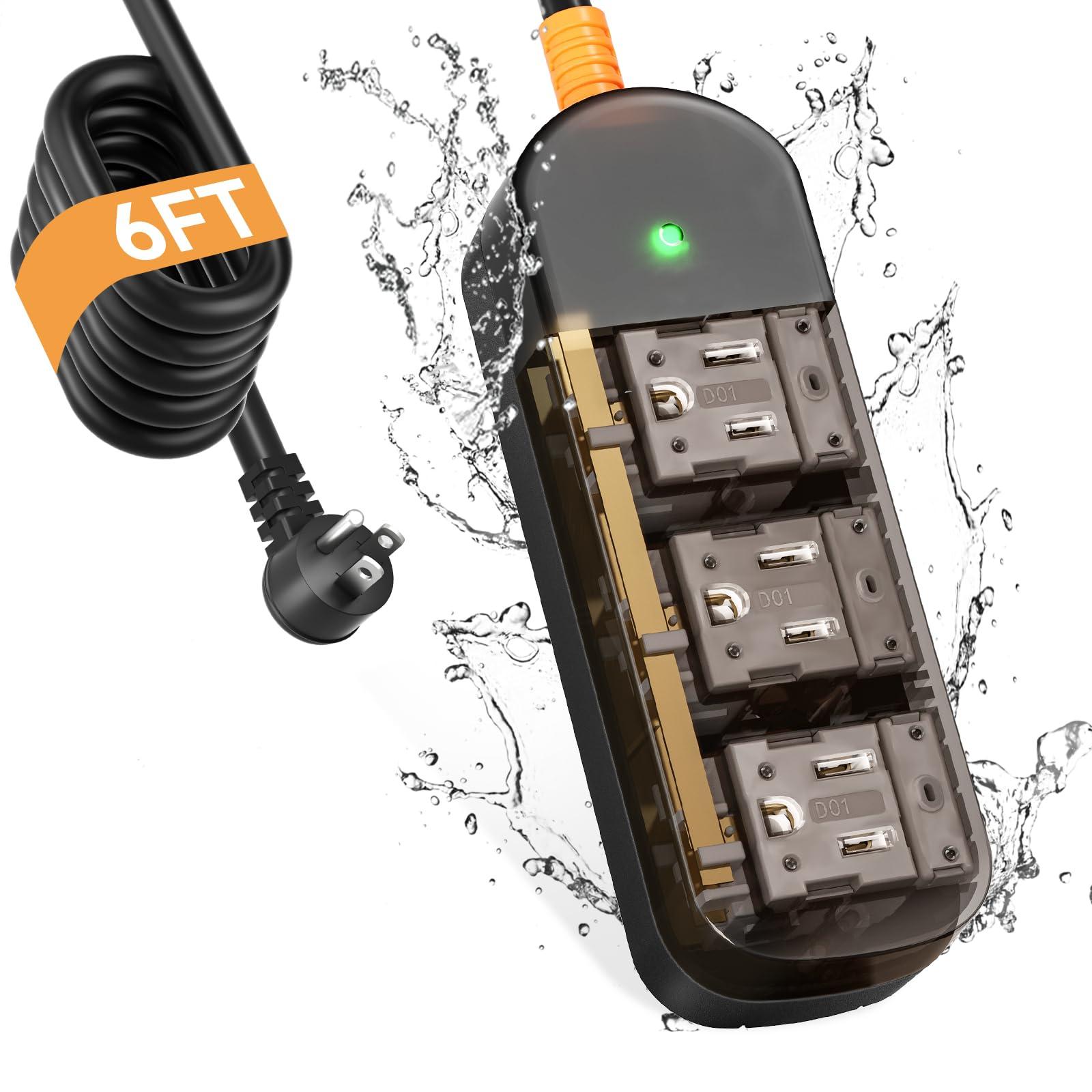 CAKINKON Outdoor Power Strip Weatherproof 6 FT Outdoor Extension Cord Waterproof Surge Protector Power Strip, Shockproof, 3 AC Outlets, 1625W - for Camping, Home, Office, Garden, Dorm, FCC UL Listed