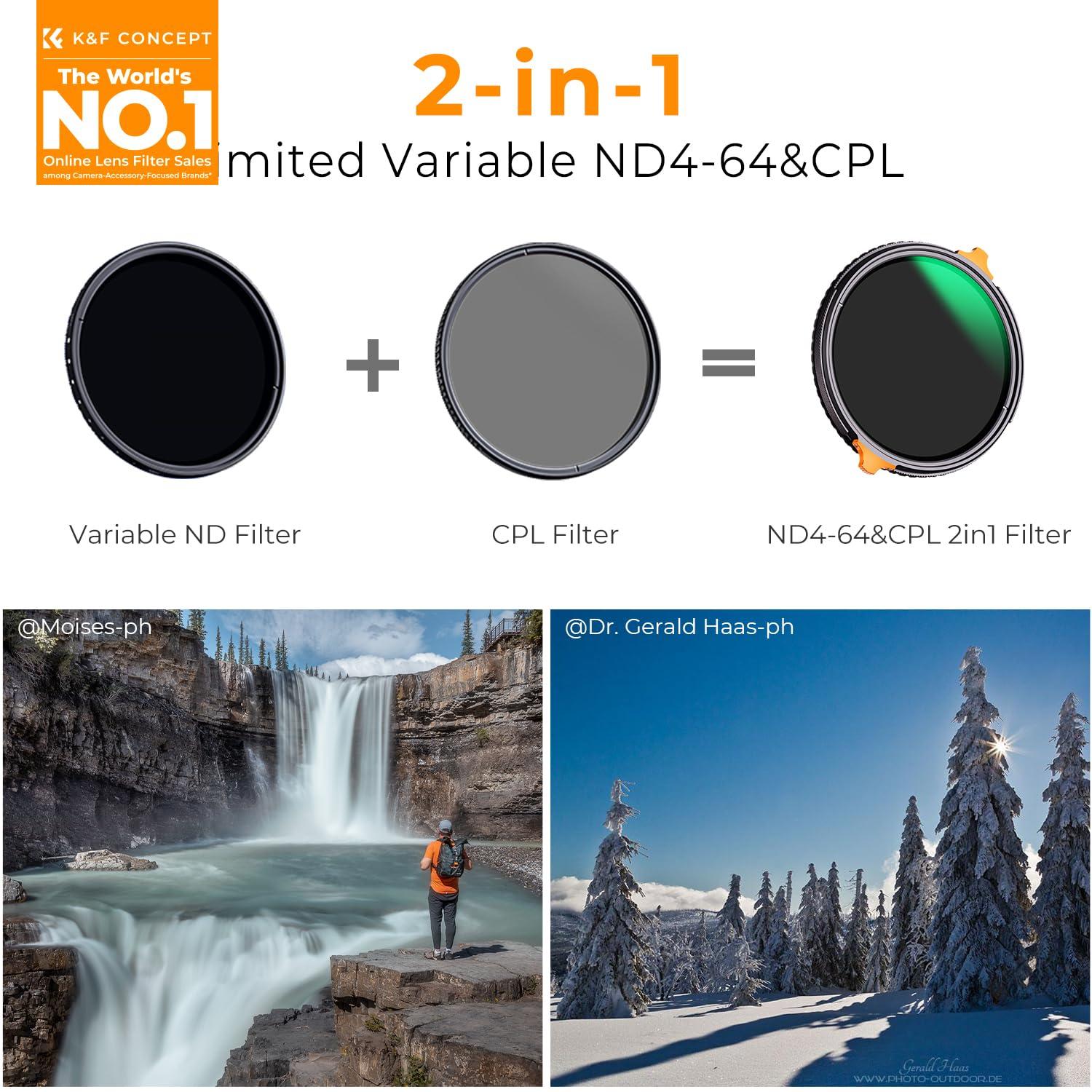 K&F Concept K&F Concept 46mm ND4-64 (2-6 Stops) ND Lens Filter Variable & CPL Polarizers Filter 2-in-1, 28 Multi-Coated Polarizing and Neutral Density Camera Lens Filter (Nano-X Series)