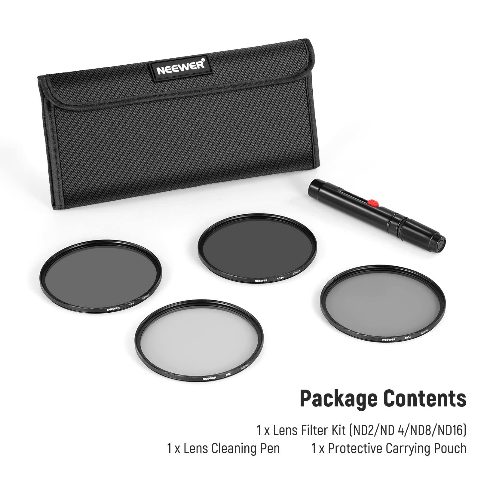 Neewer NEEWER 52mm ND Lens Filter Kit: ND2 ND4 ND8 ND16, Lens Cleaning Pen, Filter Pouch Neutral Density Filter and Accessory Kit Compatible with Canon Nikon Sony Panasonic DSLR Cameras with 52mm Lens