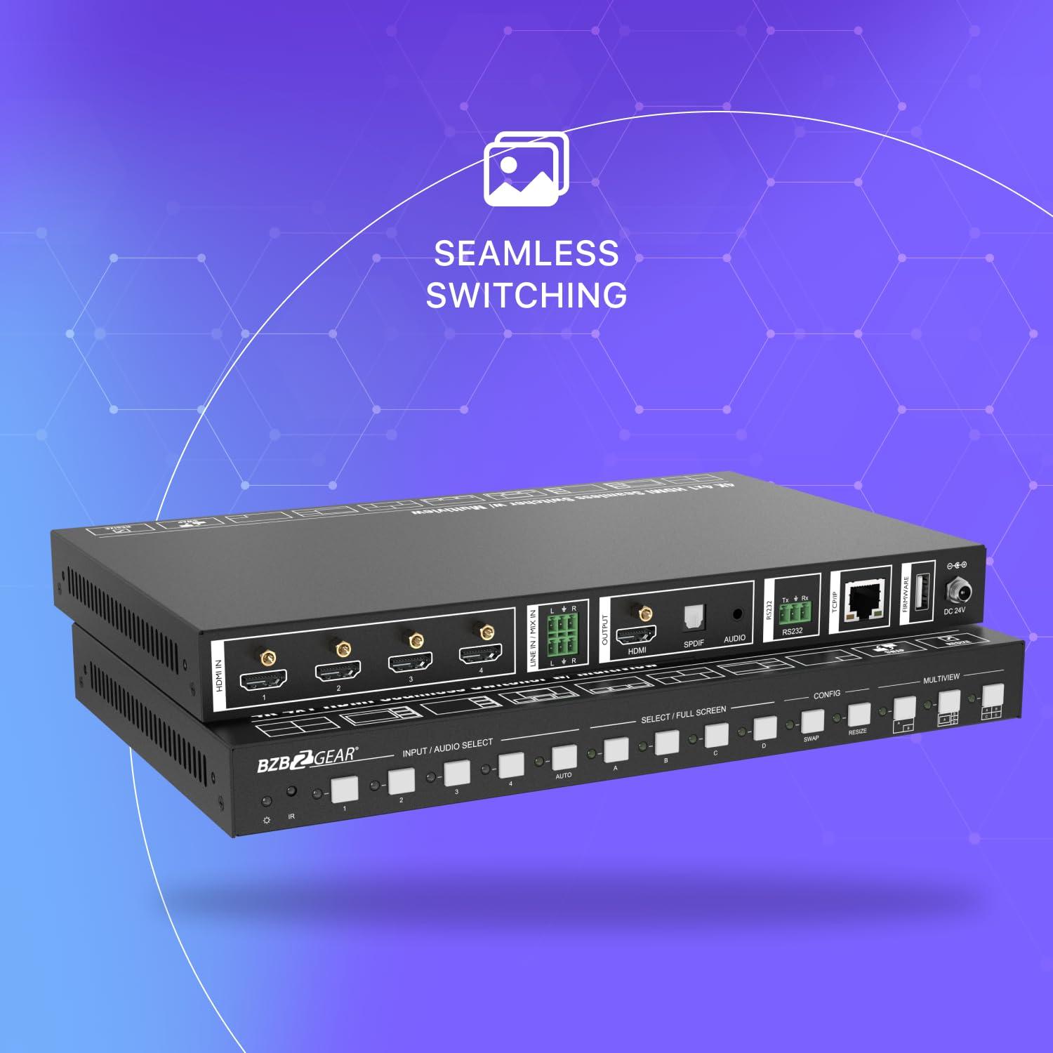 BZB GEAR 4x1 4K UHD HDMI Seamless Switcher Scaler and MultiViewer with IP/RS232 Control and Audio De-embedding