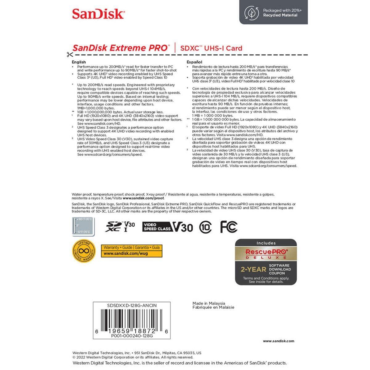 SanDisk SanDisk Extreme PRO 128GB UHS-I U3 SDXC Memory Card