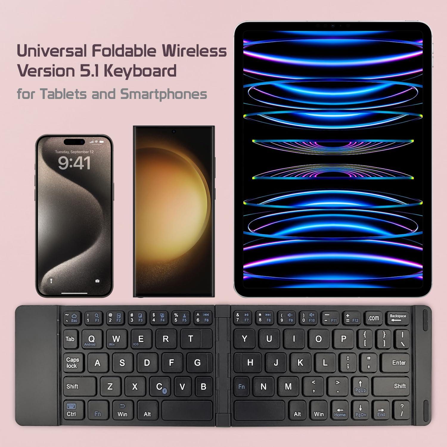 Cellet Portable Wireless Keyboard with Phone Holder Stand - Folding Keyboard Compatible to iPhones, iPad, Samsung Galaxy, Google Pixel, Moto, Smartphone and Tablets