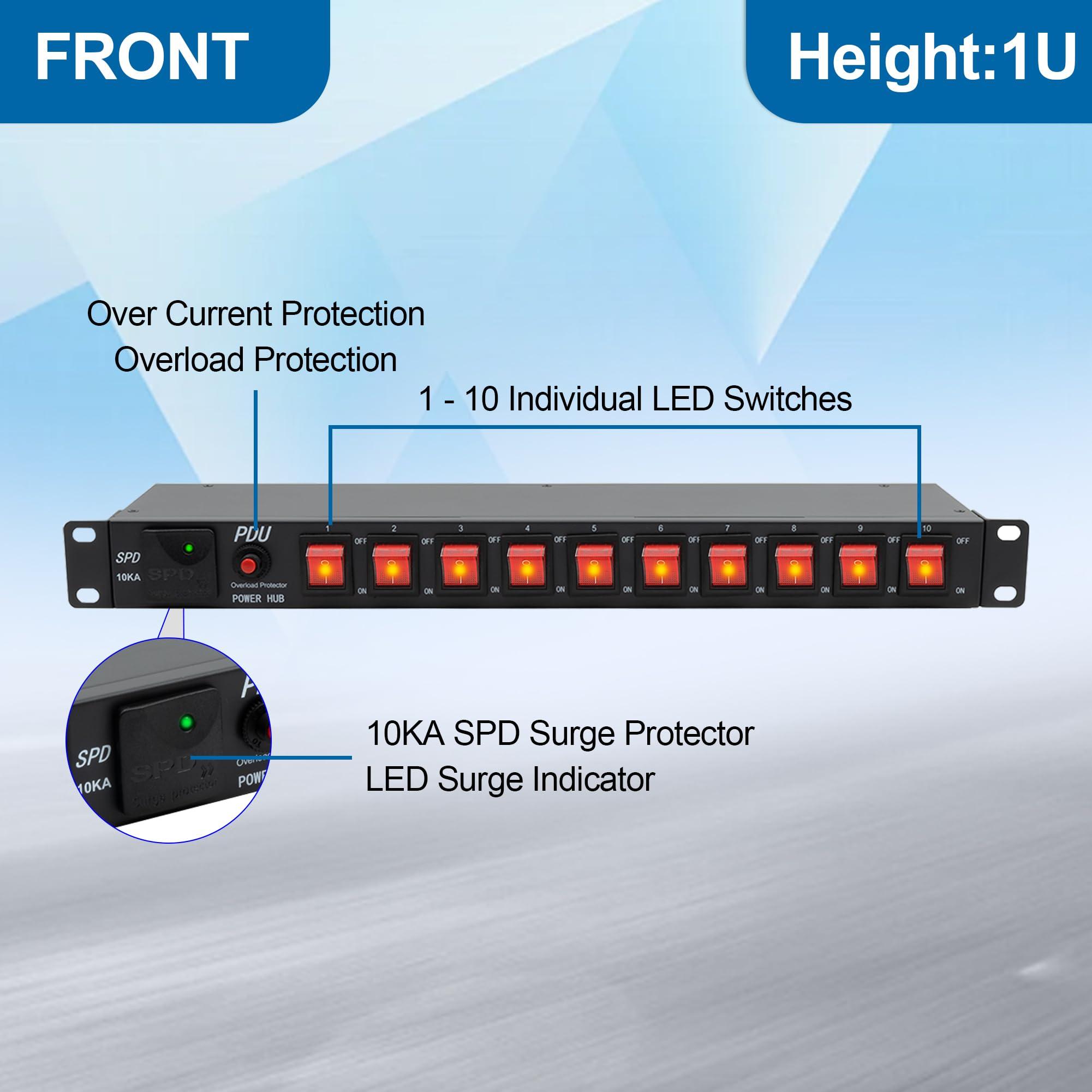 ThePoEstore ThePoEstore 1U PDU Network Rackmount with Surge Protector Horizontal Rack Power Strip, (SPD-10KA) 100-240V,15A 3600 Joules, 10 Outlets, 10 LED Switches, with 6ft 14 AWG Cord, ETL Listed