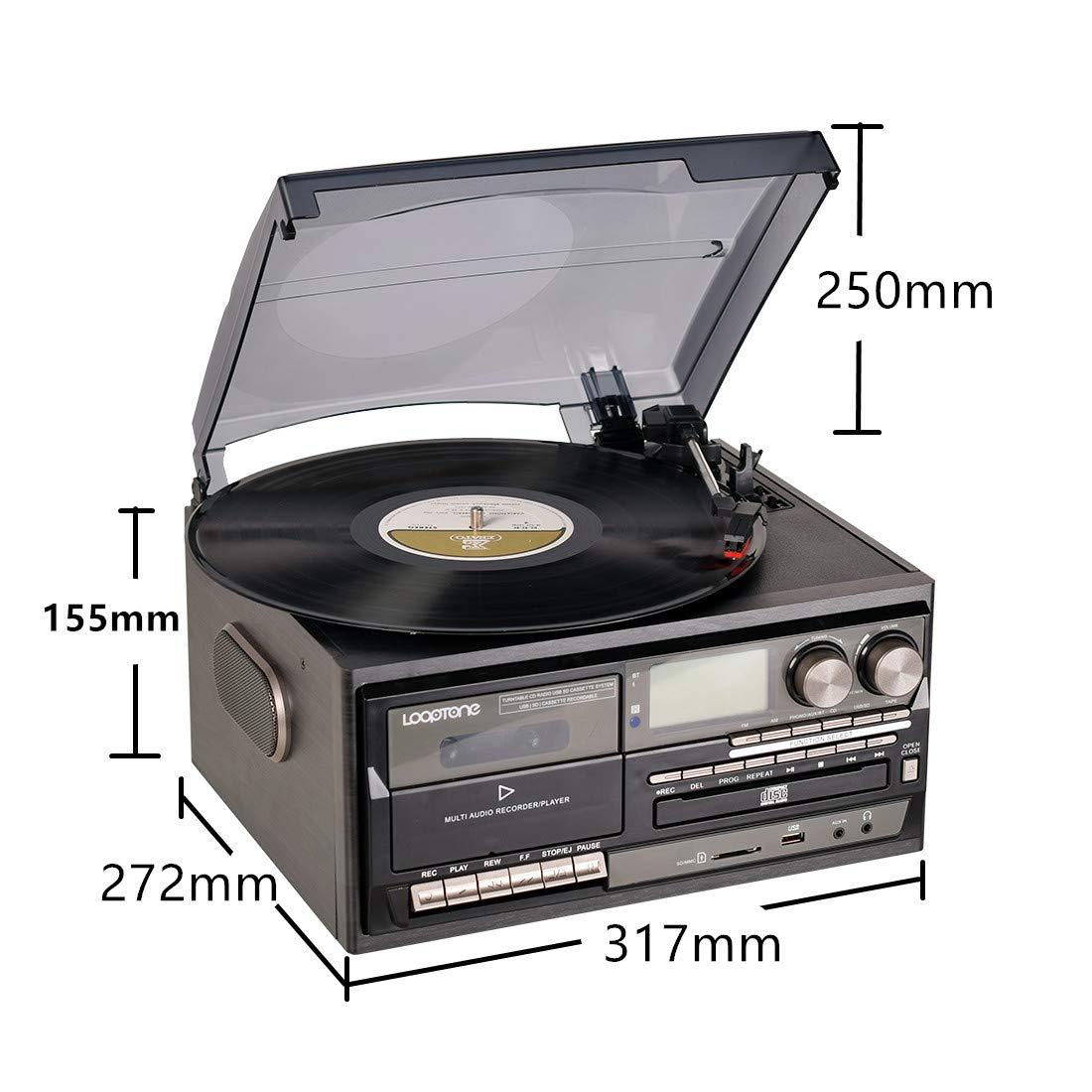 LOOPTONE LoopTone Vinyl Record Player 9 in 1 3 Speed Bluetooth Vintage Turntable CD Cassette Player AM/FM Radio USB Recorder Aux-in RCA Line-Out (Black Edition)