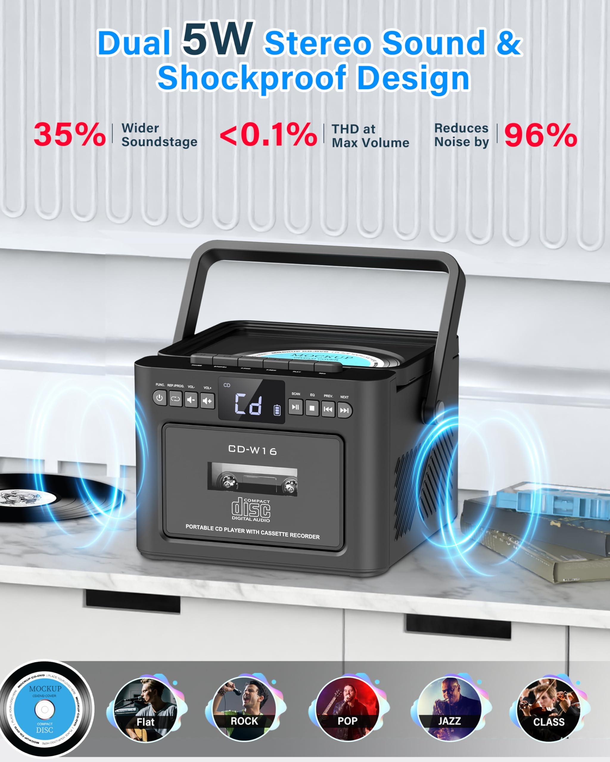 Greadio Greadio Boombox CD and Cassette Player Combo, 5000mAh Rechargable CD Player Boombox with Bluetooth Receive/Transmit/FM Radio/USB/TF/AUX/Remote Control, Boom Box CD Cassette Player for Home Outdoor