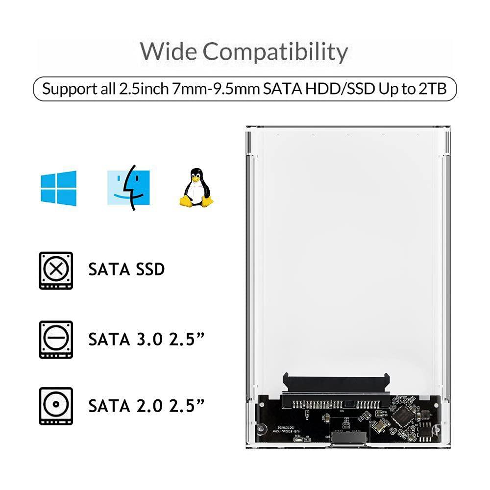 Reletech Reletech 2.5" External Hard Drive Enclosure, SATA to USB 3.1 Tool-Free Clear for 2.5 Inch SSD & HDD 9.5mm 7mm External Hard Drive Case Supports UASP SATA