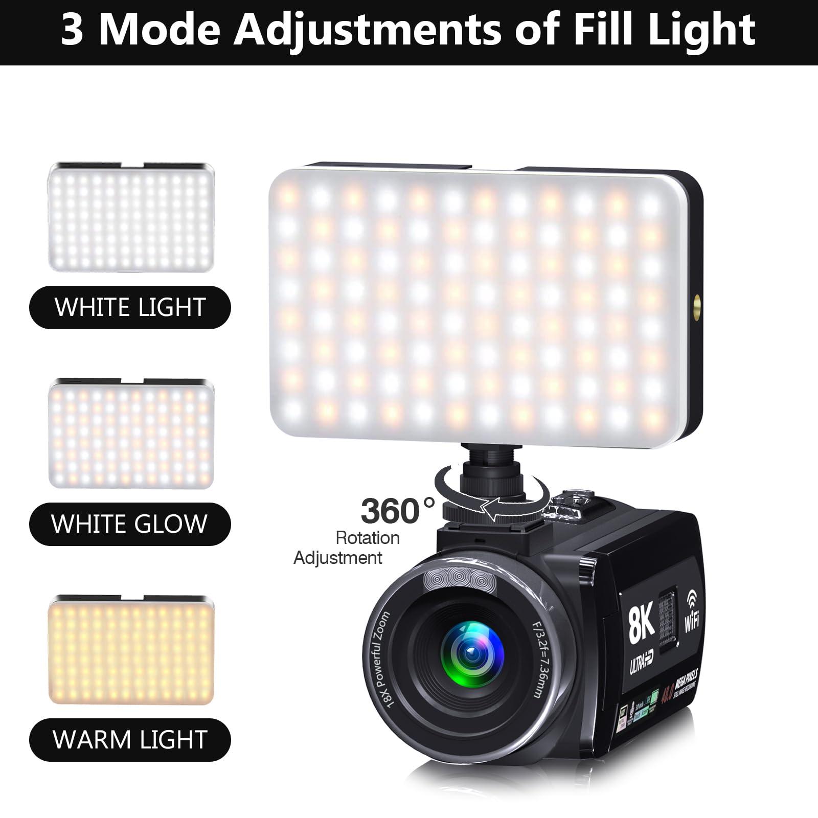 MURAUX Video Camera, 8K Camcorder 48MP 15FPS UHD WiFi Vlogging Camera with IR Night Vision for YouTube, 3" Touch Screen 18X Digital Zoom, with Fill Light, Mic, Stabilizer, Lens Hood, Remote and 2 Batteries