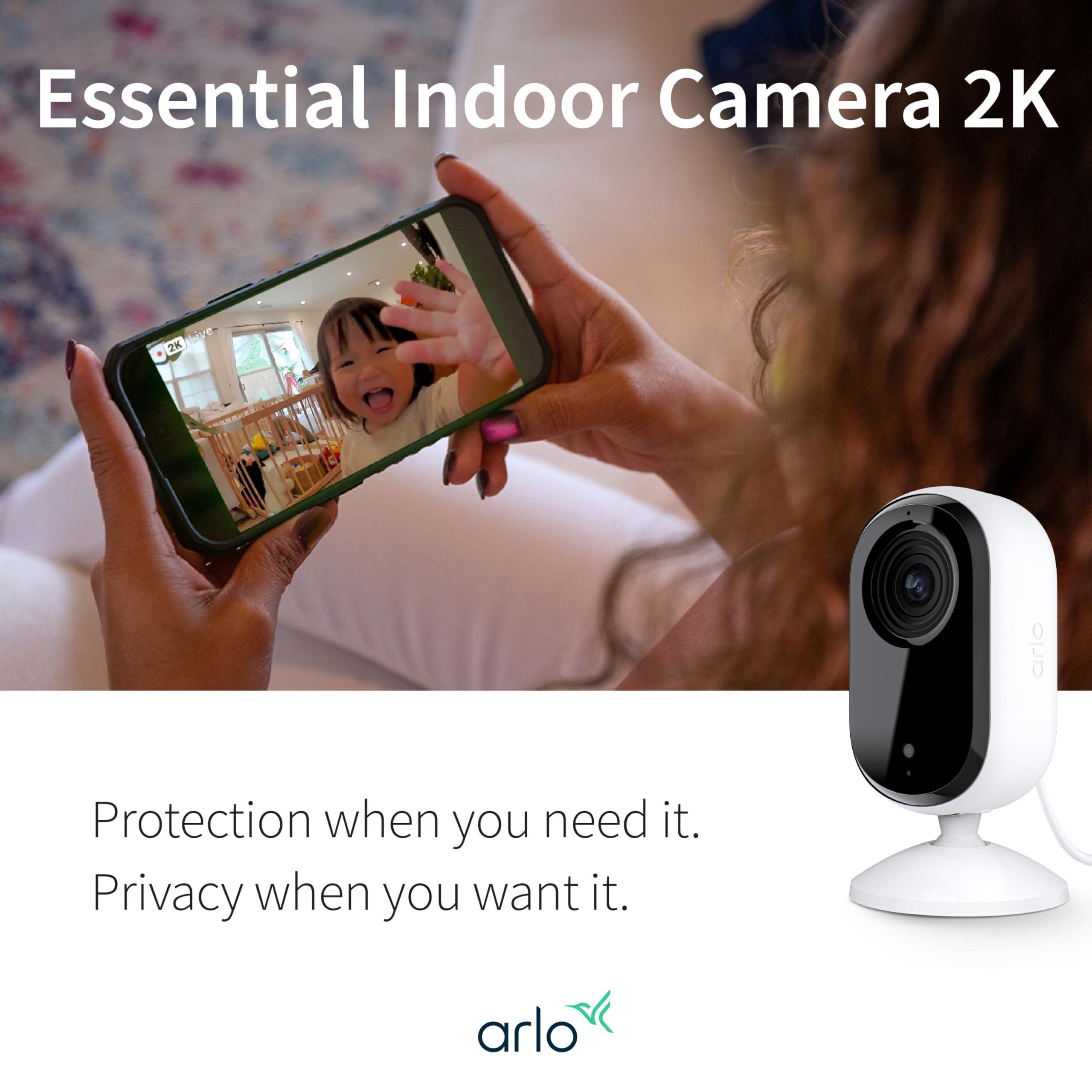 Arlo Arlo Essential Security Camera 2K | Indoor Only| 2nd Gen | Baby Monitor & Pet Camera | Wired Automated Privacy Shield, 2-Way Audio, Night Vision, Live Stream, Motion Alerts & Notifications White,1 Cam